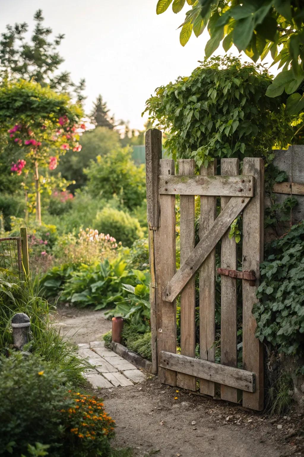 An eco-friendly garden gate made from repurposed pallets.