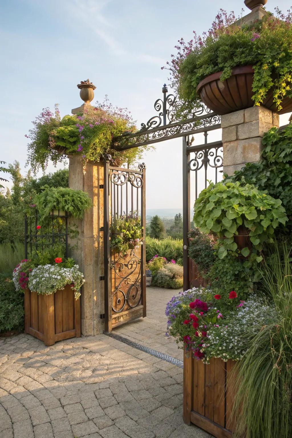 A vertical planter gate combining greenery and functionality.