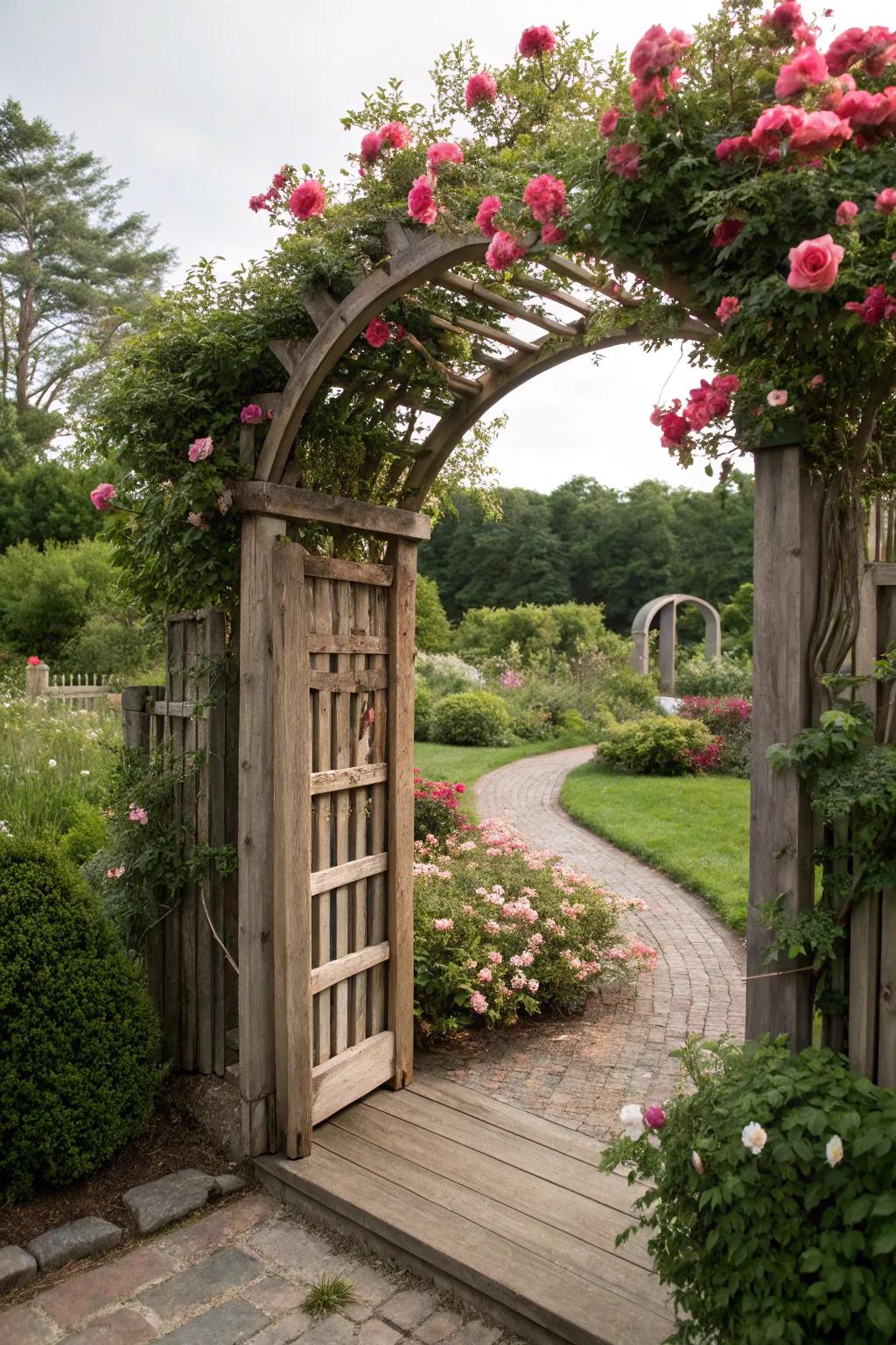 A floral archway entrance bursting with colorful blooms.