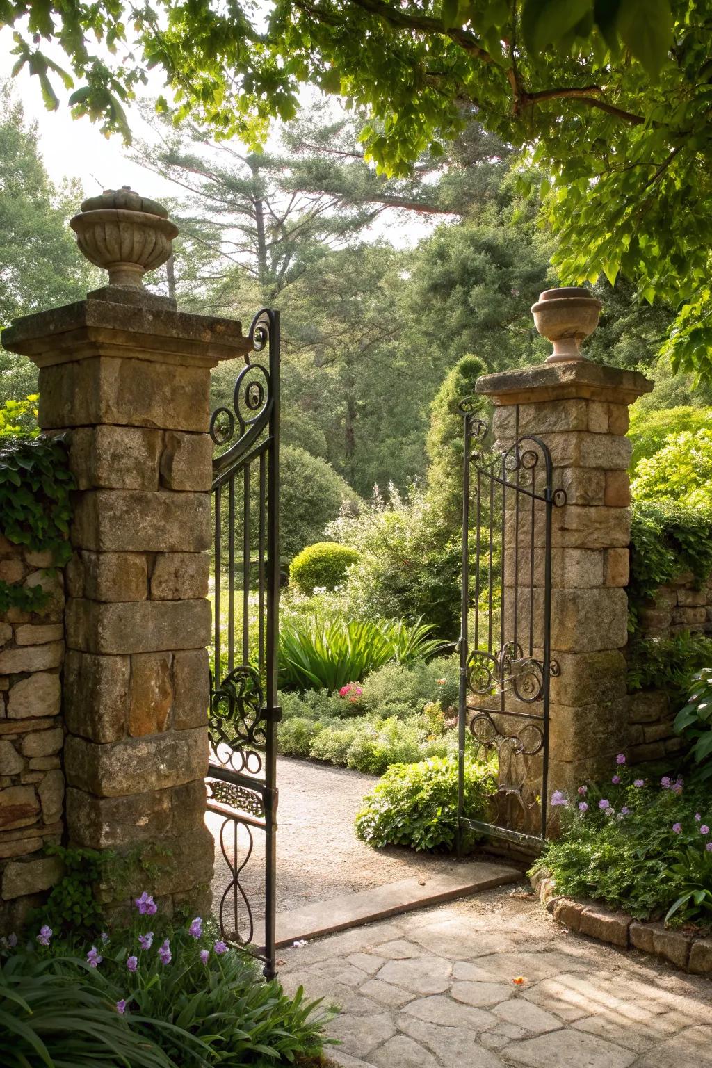 Natural stone pillars framing a grand garden entrance.