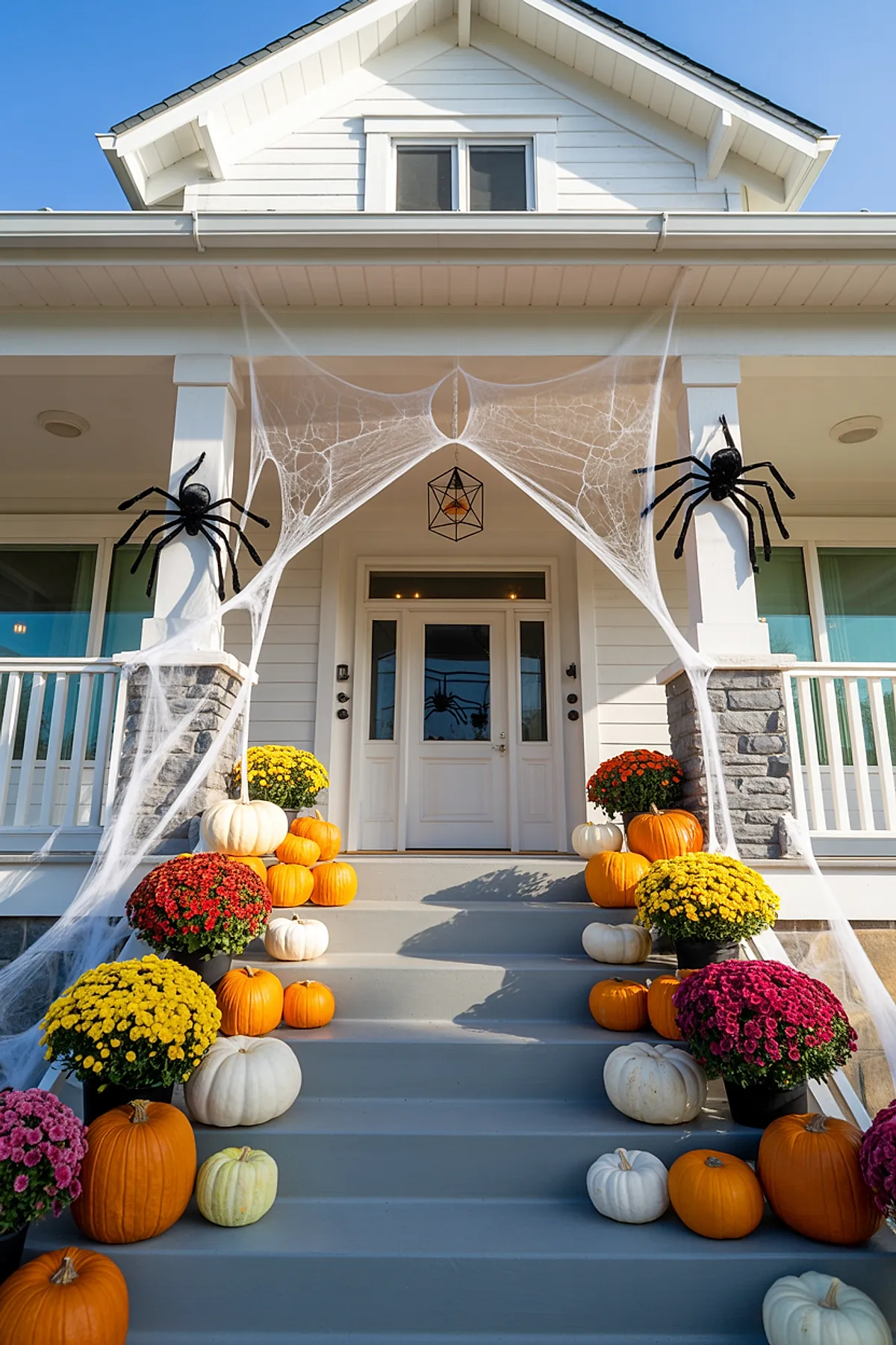 front porch decorated with large white cobwebs stretched between columns, two giant black spider decorations attached to pillars, steps lined with orange and white pumpkins mixed with red, yellow, and purple potted chrysanthemums