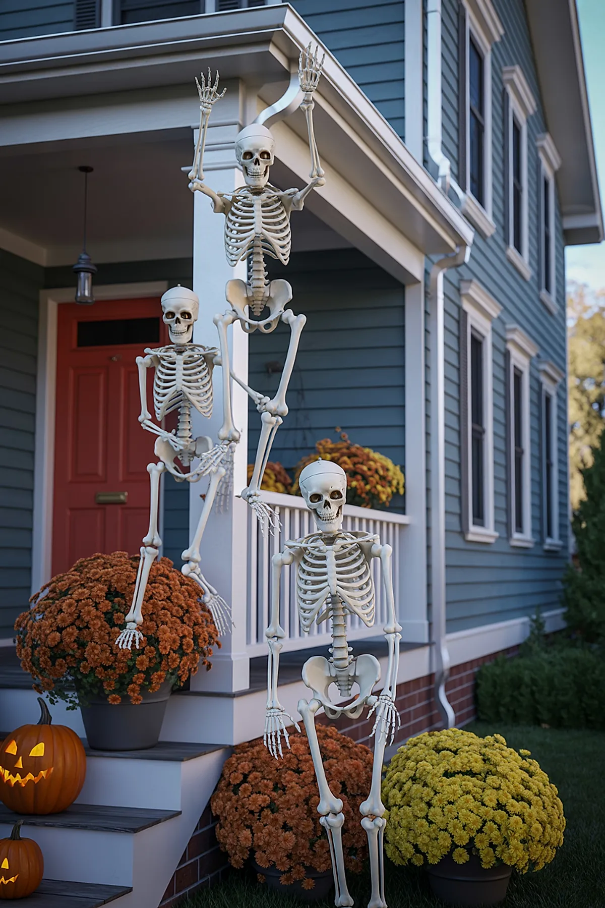 three white plastic skeleton decorations in different poses surrounded by orange and yellow chrysanthemum plants and two carved glowing pumpkins on gray porch steps near blue house with red door