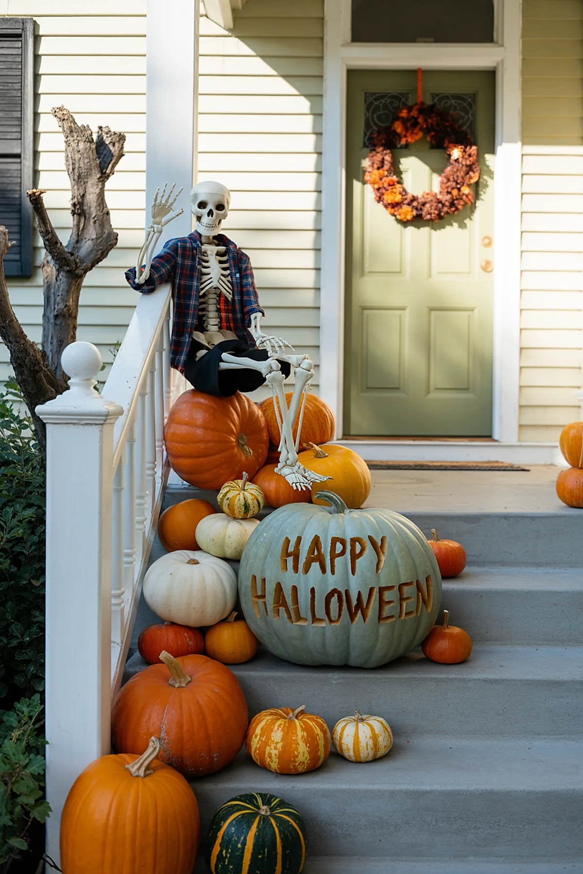 plastic skeleton wearing plaid shirt sitting on orange pumpkins beside large pale green carved pumpkin that says Happy Halloween on front porch steps with wreath on green door