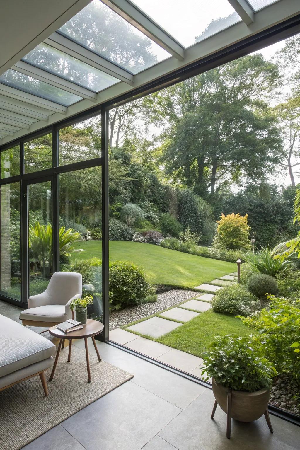 A contemporary garden room boasting a sleek and expansive design.
