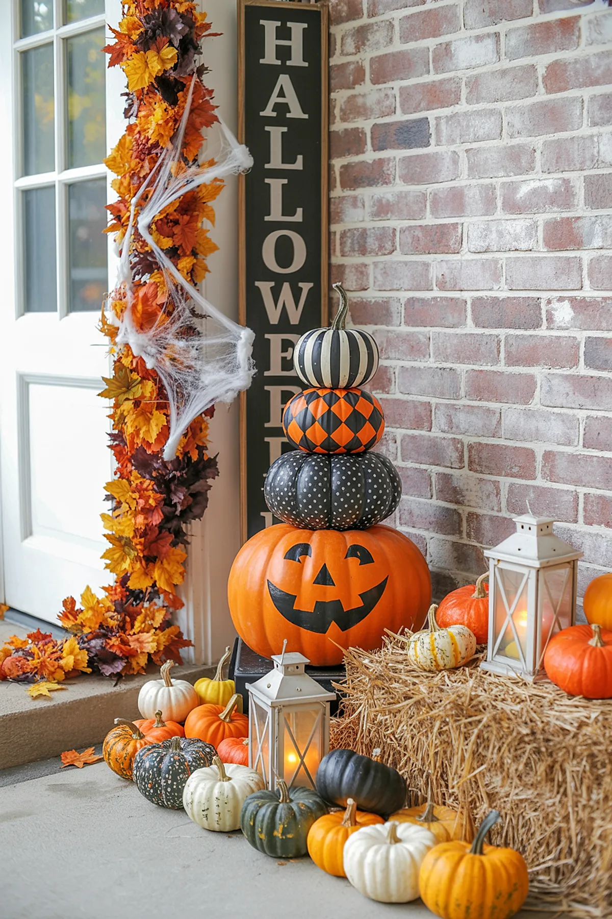 stacked pumpkins featuring orange jack-o-lantern base topped with black and white striped, orange diamond pattern, and black polka dot pumpkins next to vertical black halloween sign on brick wall with orange leaf garland decorated with white spider webs