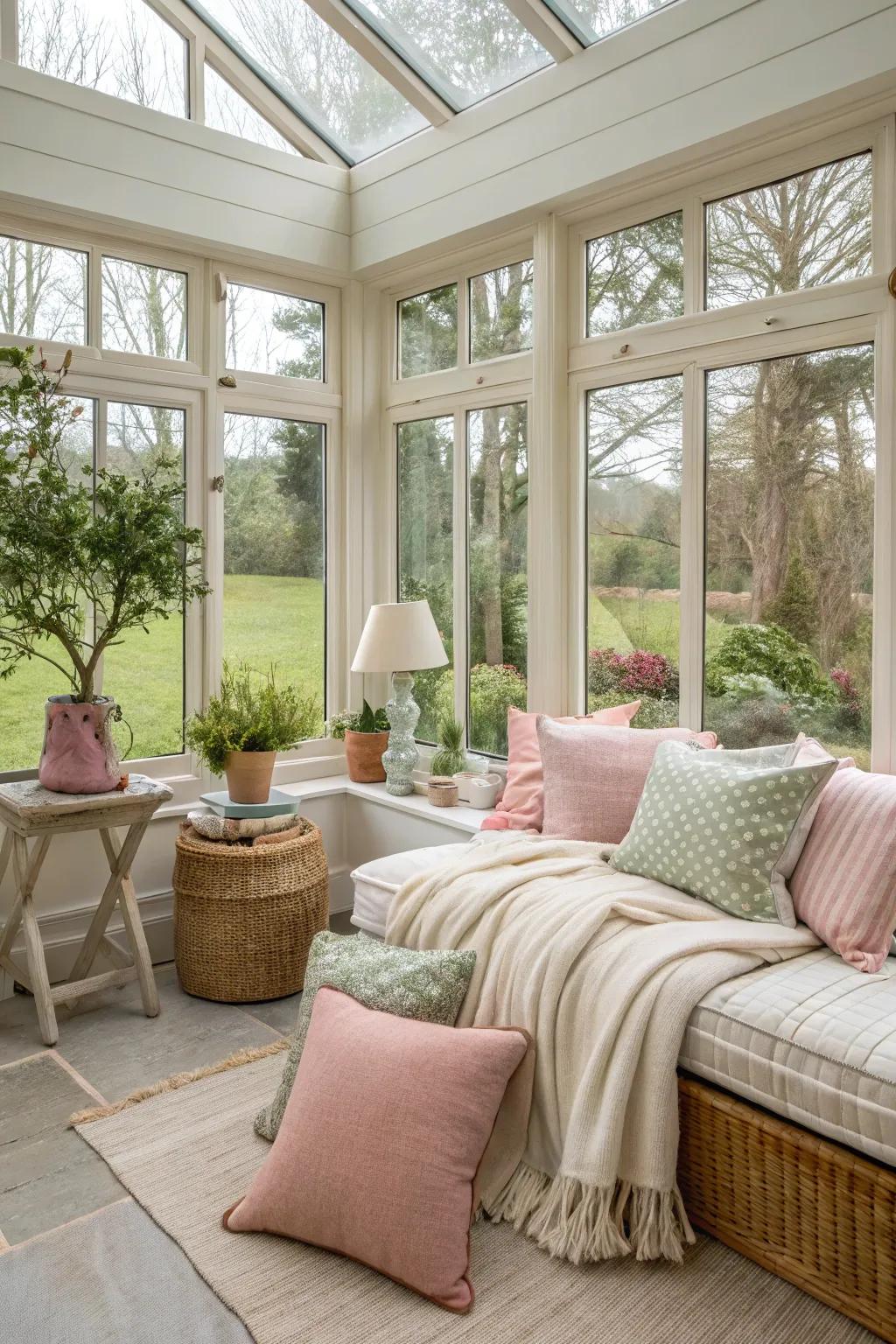 Soft textiles creating a cozy and inviting garden room.