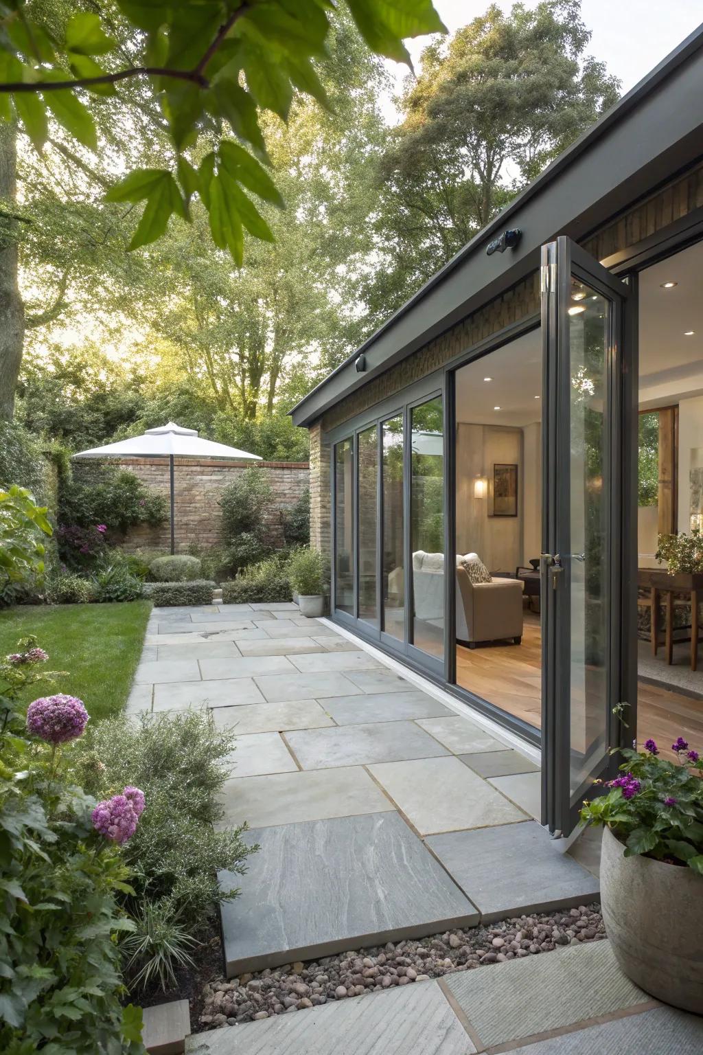 Stylish stone paving defining an elegant garden room.