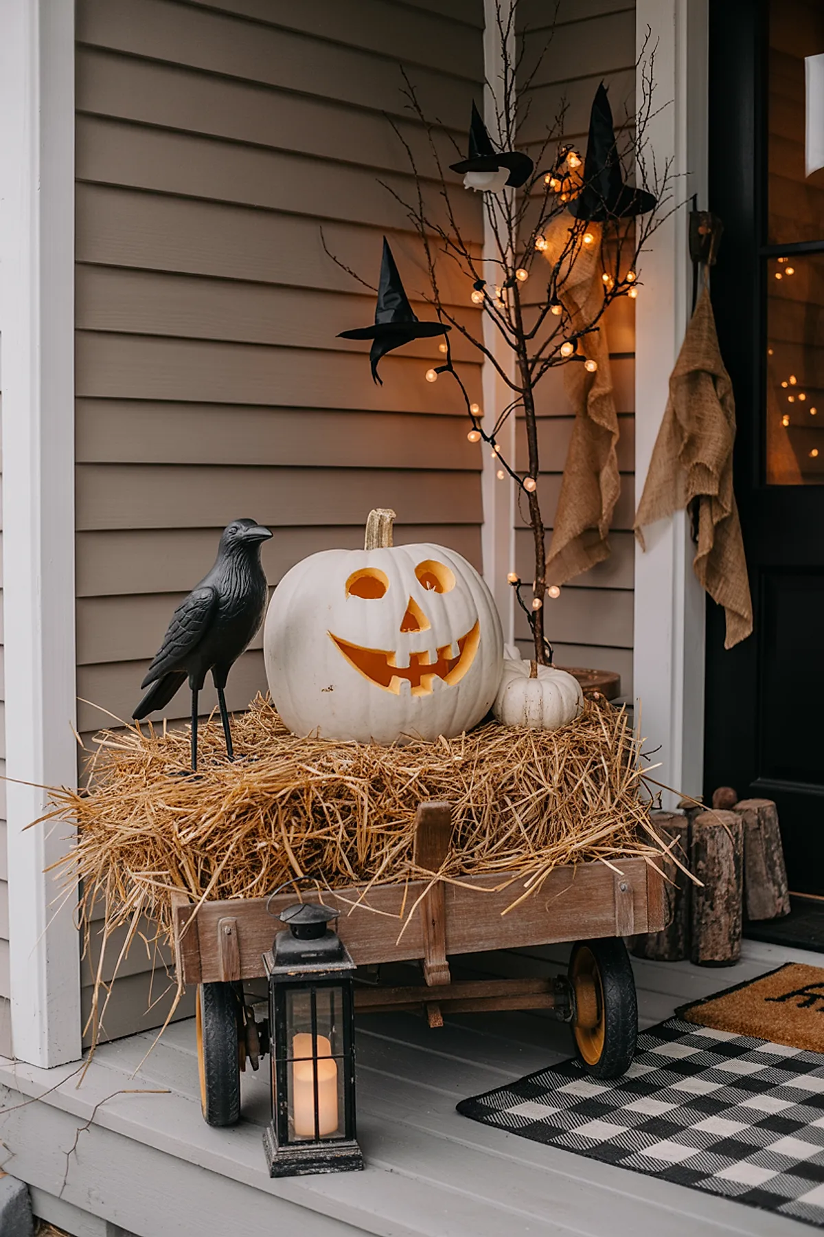 white carved pumpkin with smiling face on hay in wooden wagon next to black crow figurine, bare branches with string lights and small black witch hats, lantern with candle at wagon base, gray siding background