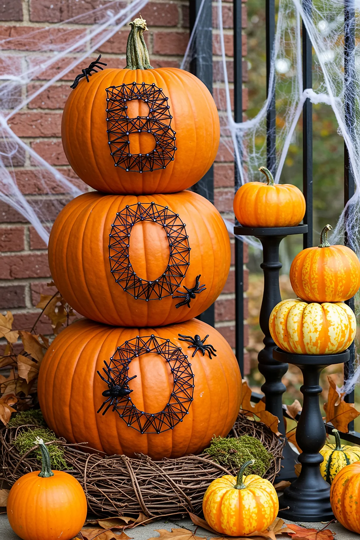 three stacked large orange pumpkins decorated with black string art letters B O O and plastic black spiders, surrounded by small striped and solid pumpkins, dried leaves, moss, and white spider webs against brick wall
