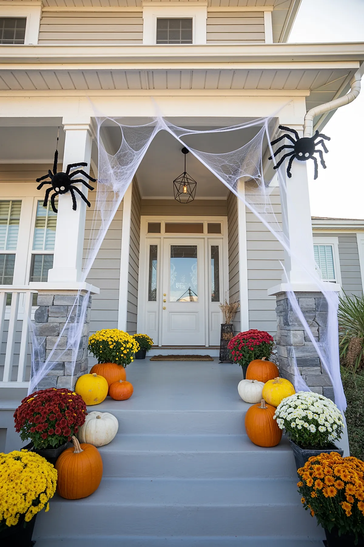 front porch decorated with white stretched spider webs attached between columns, two large black spiders on each column, assorted orange white and yellow pumpkins on steps, colorful potted mums in red yellow white