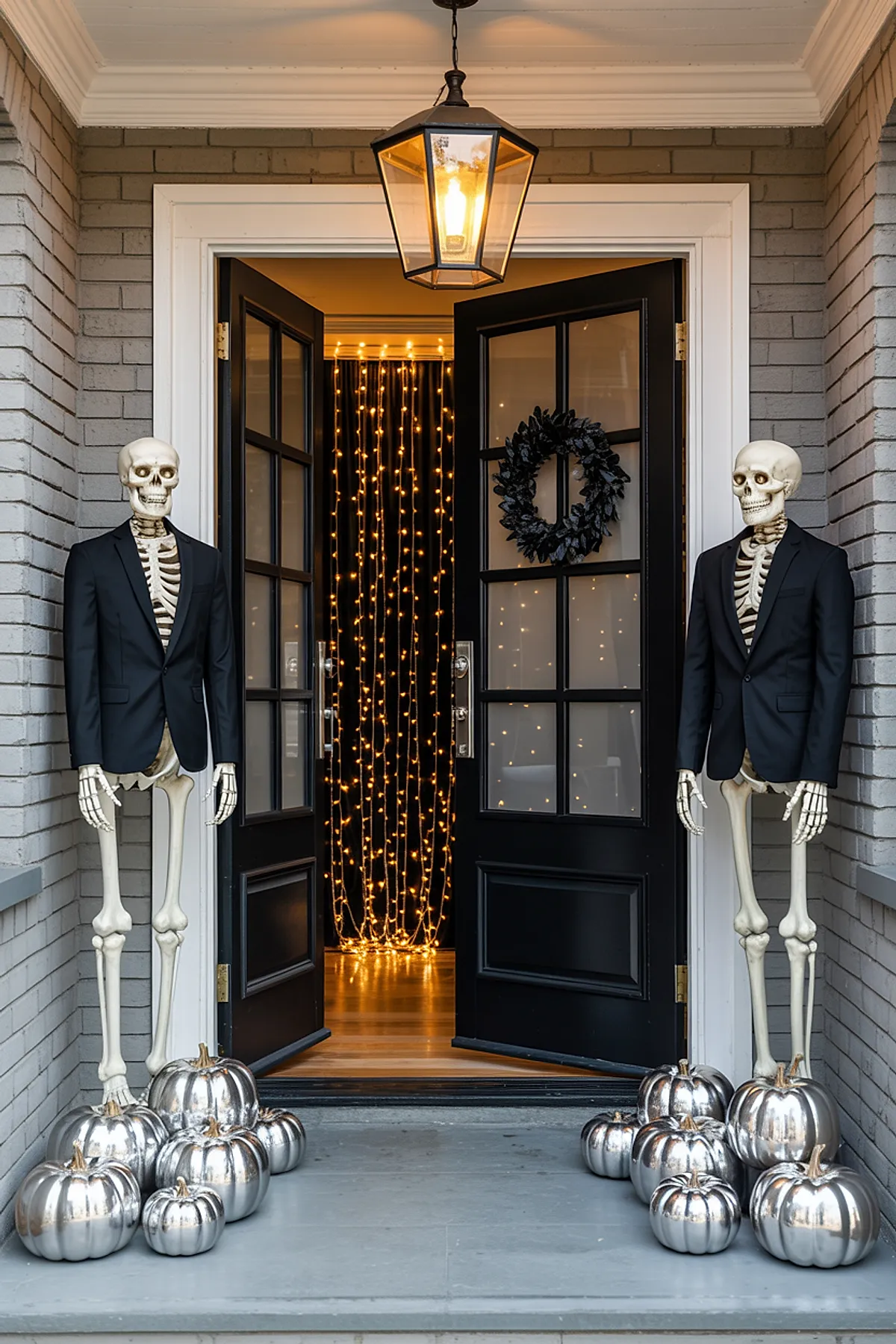 two skeleton decorations wearing black blazers standing beside black double doors with black wreath, surrounded by clusters of shiny silver pumpkins on gray porch floor, warm string lights hanging inside