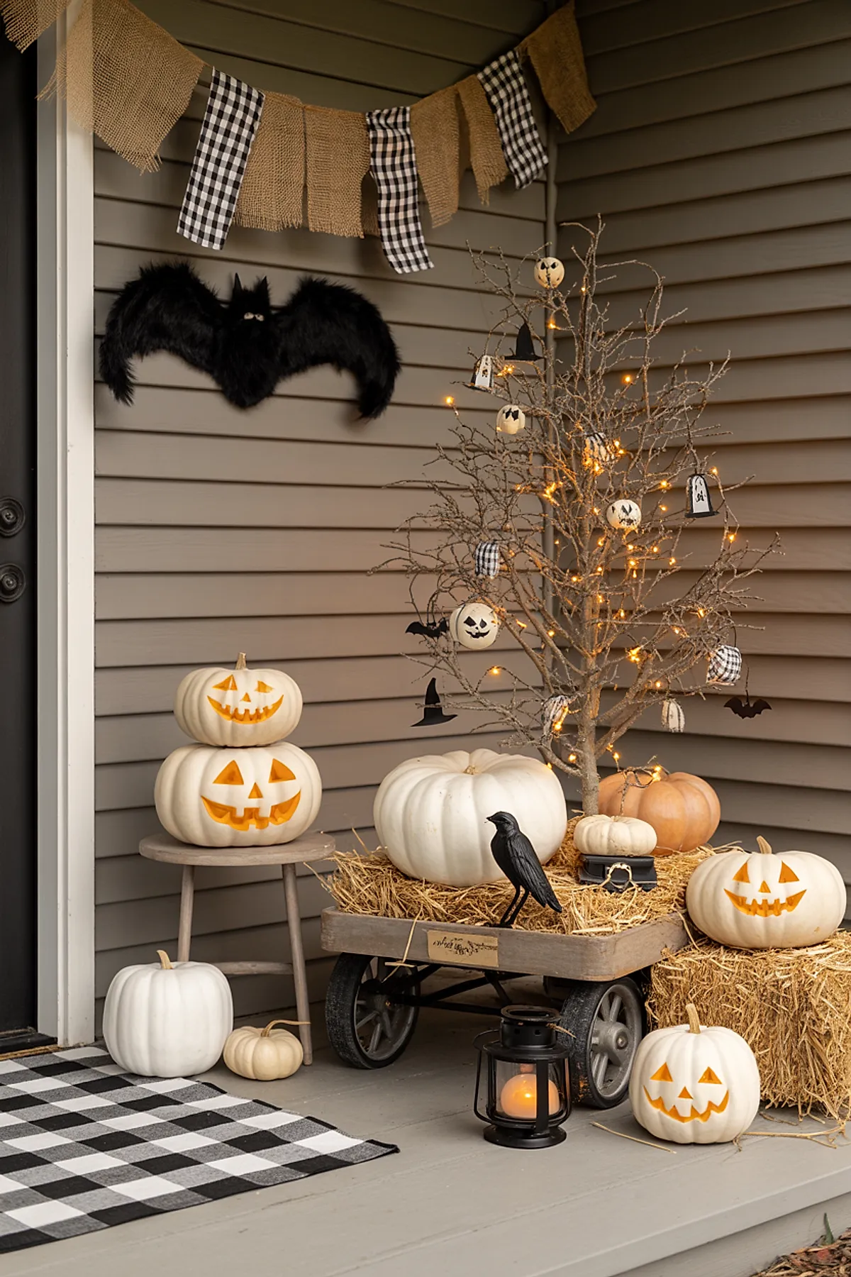 front porch decorated with white carved jack-o-lanterns stacked on stool and arranged on straw-filled wooden wagon alongside bare twig tree wrapped in string lights with hanging Halloween ornaments, black crow figure, checkered rug, burlap banner, and black bat wall decor