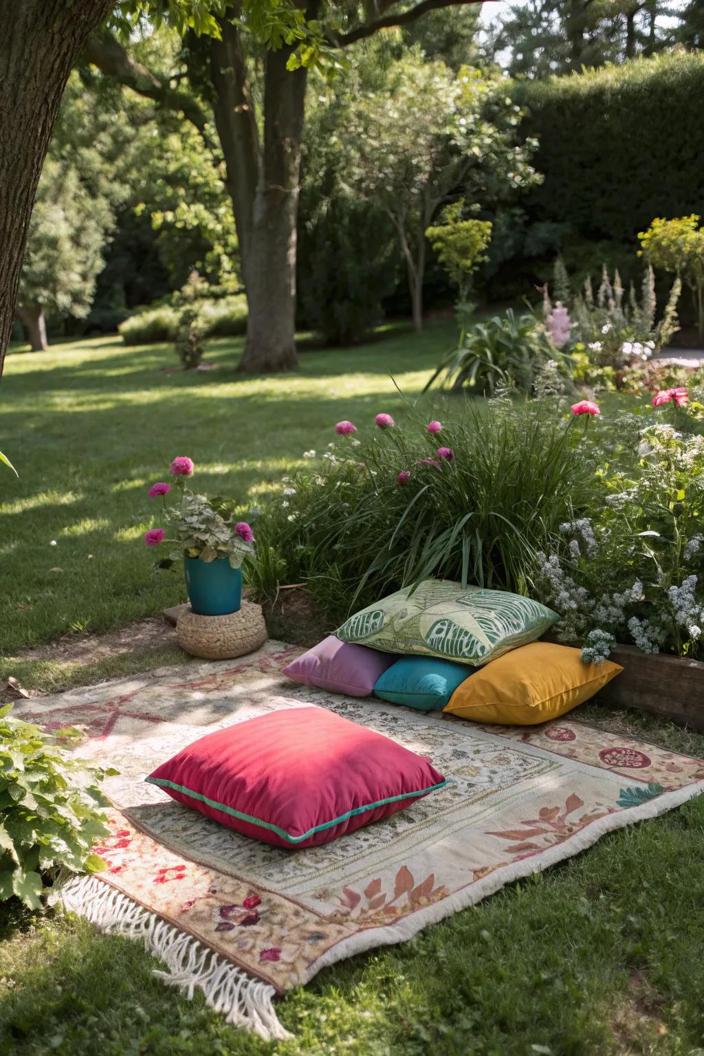Outdoor rugs and cushions produce a comfortable and welcoming seats area.