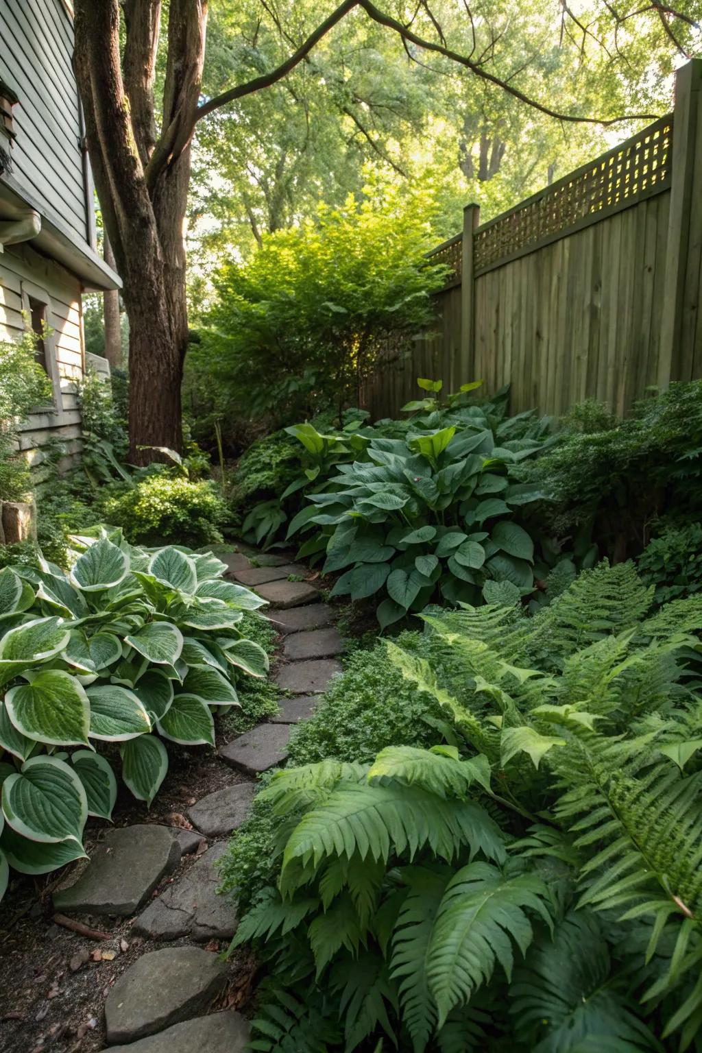 Hostas and ferns produce a dynamic green oasis in the shadow.