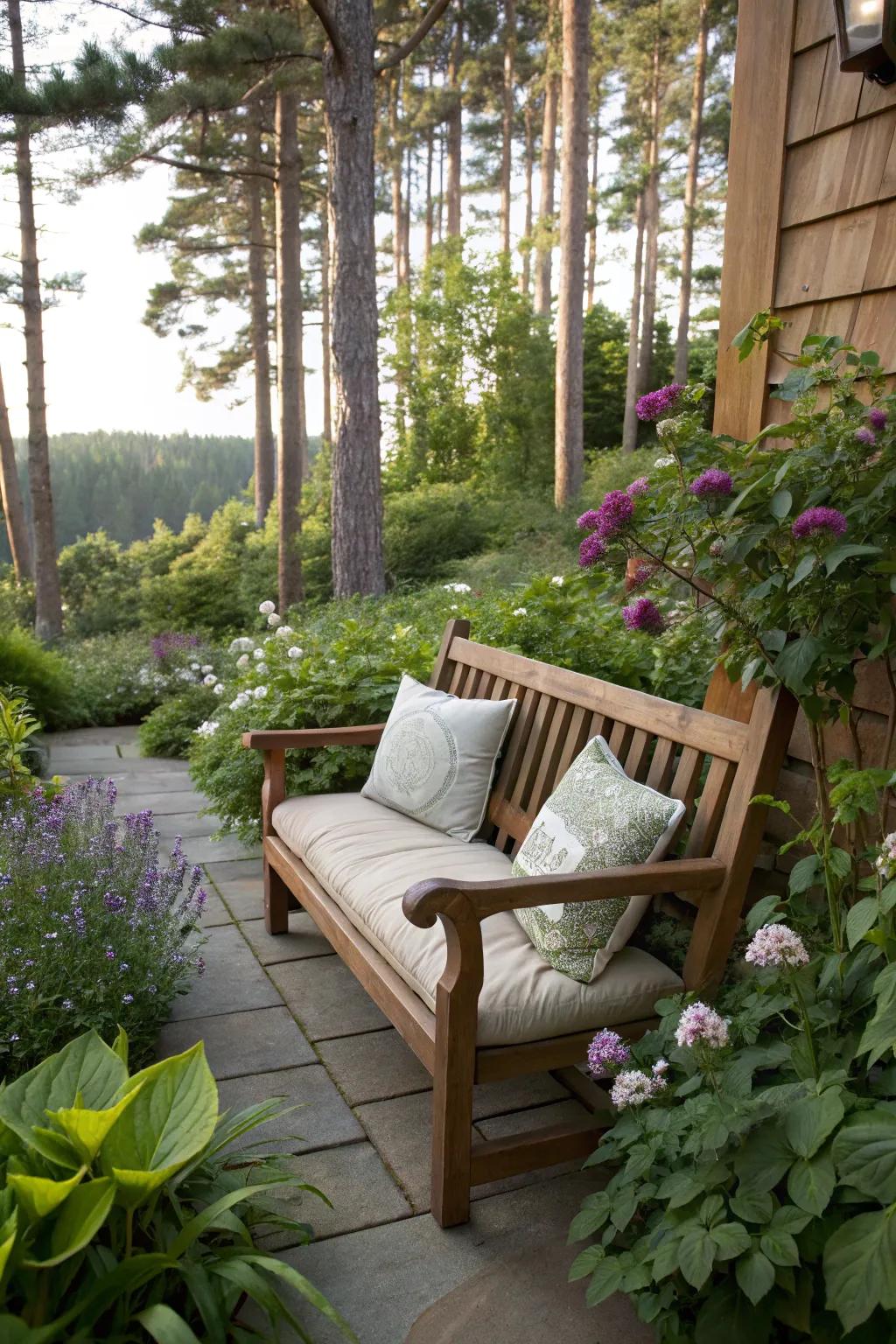 A timber seat supplies a serene place to loosen up in a shaded area.