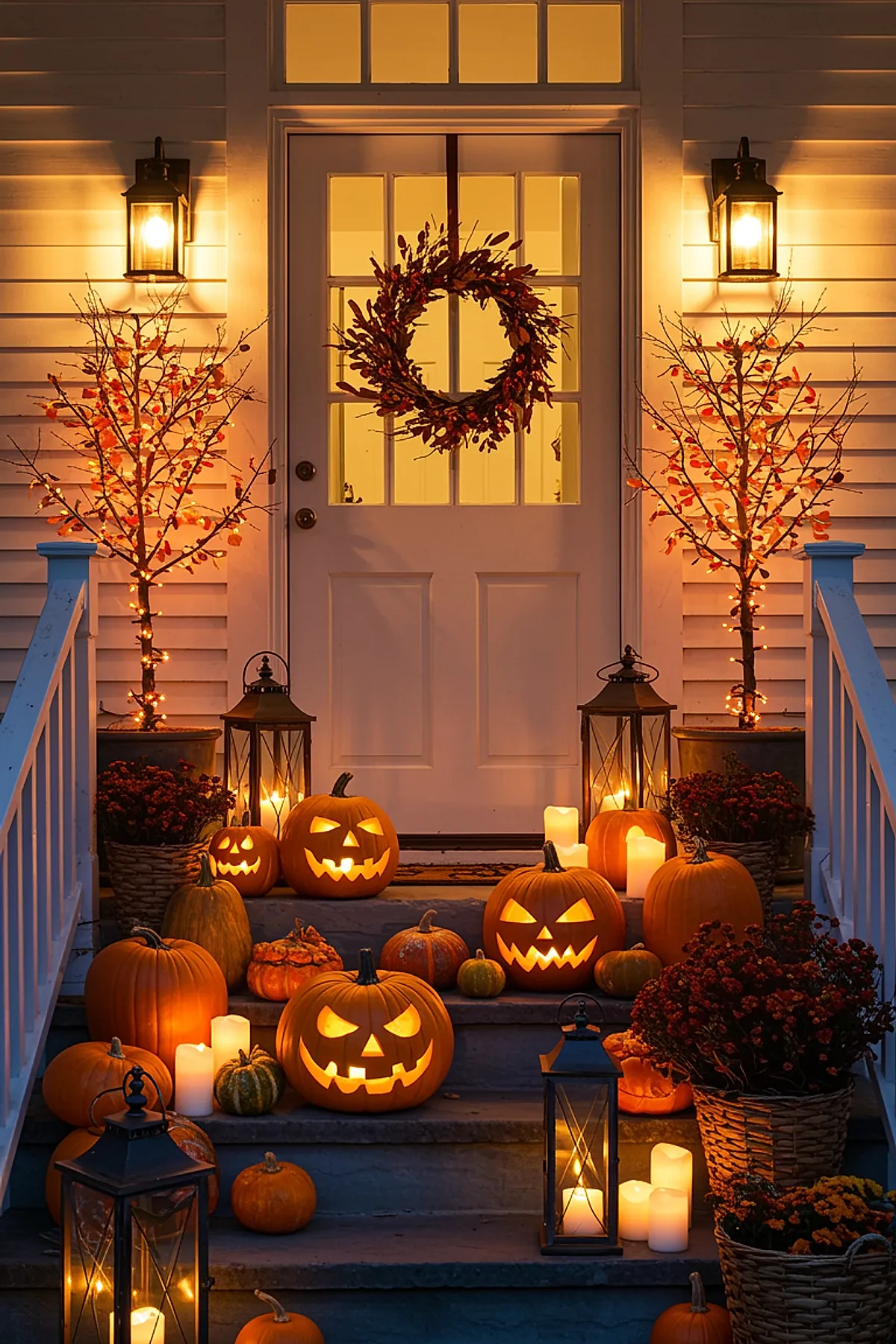 front porch decorated with various carved glowing jack-o-lanterns, white pillar candles, two potted bare twig trees wrapped in orange string lights, dark red floral arrangements in baskets, and a brown leaf wreath hanging on a white door