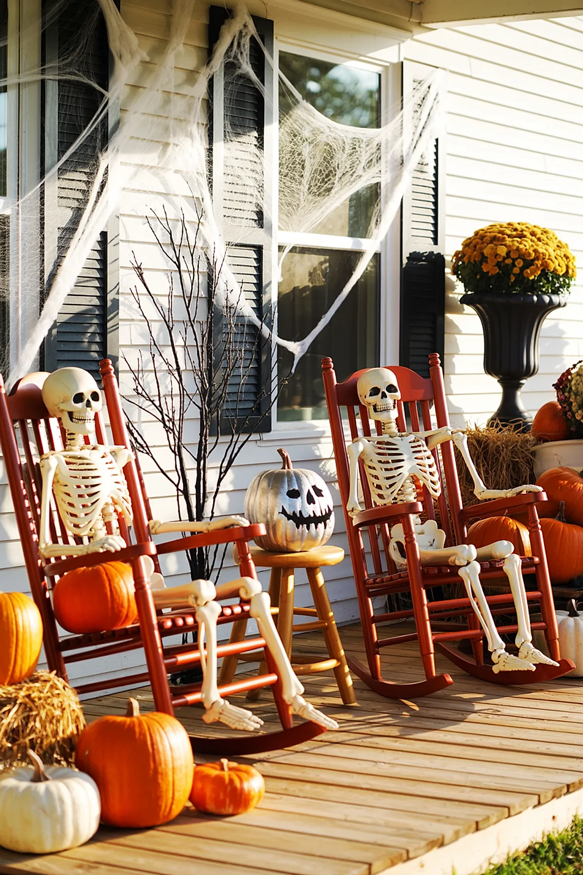 two skeleton figures sitting in red wooden rocking chairs on a wooden porch surrounded by orange and white pumpkins, silver jack-o-lantern on small stool, black shutters covered in spider webs, bare branches, and yellow potted mums
