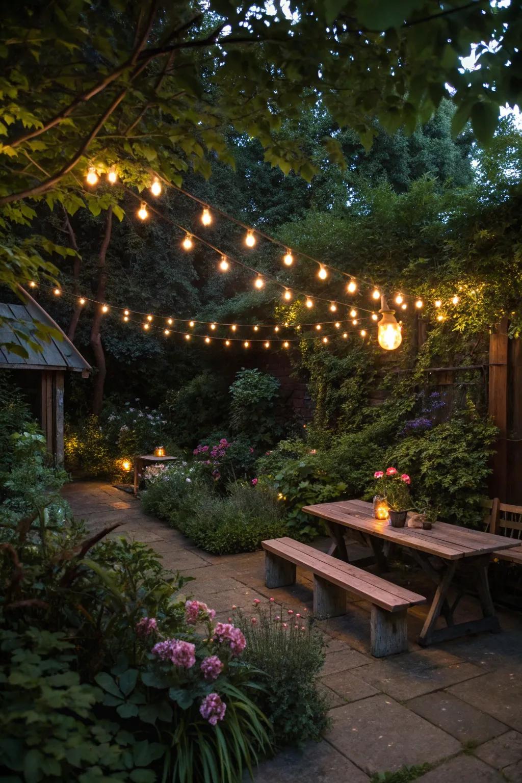 String lights include appeal and warmth to yard rooms.