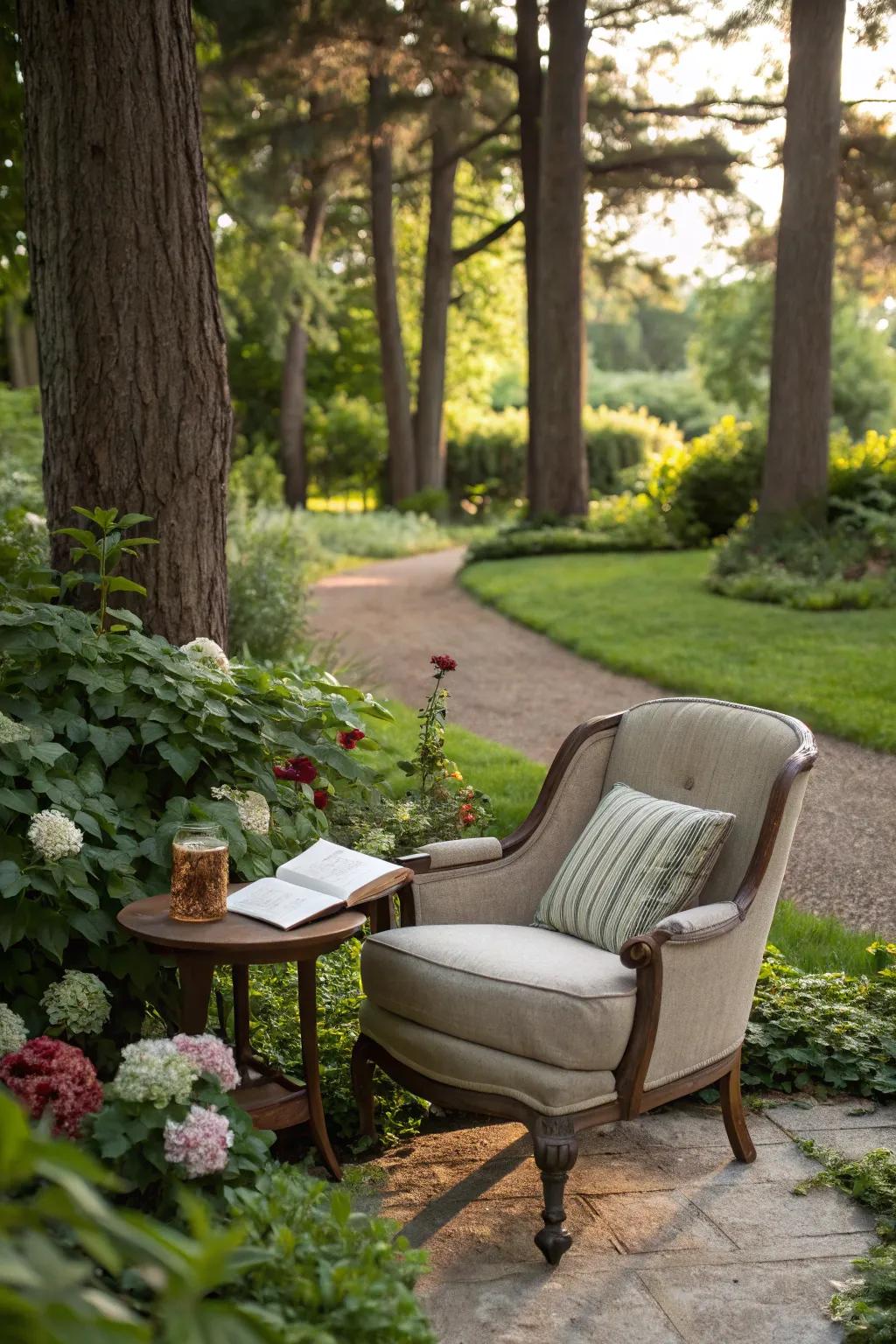 A reading nook supplies a serene retreat in your yard.
