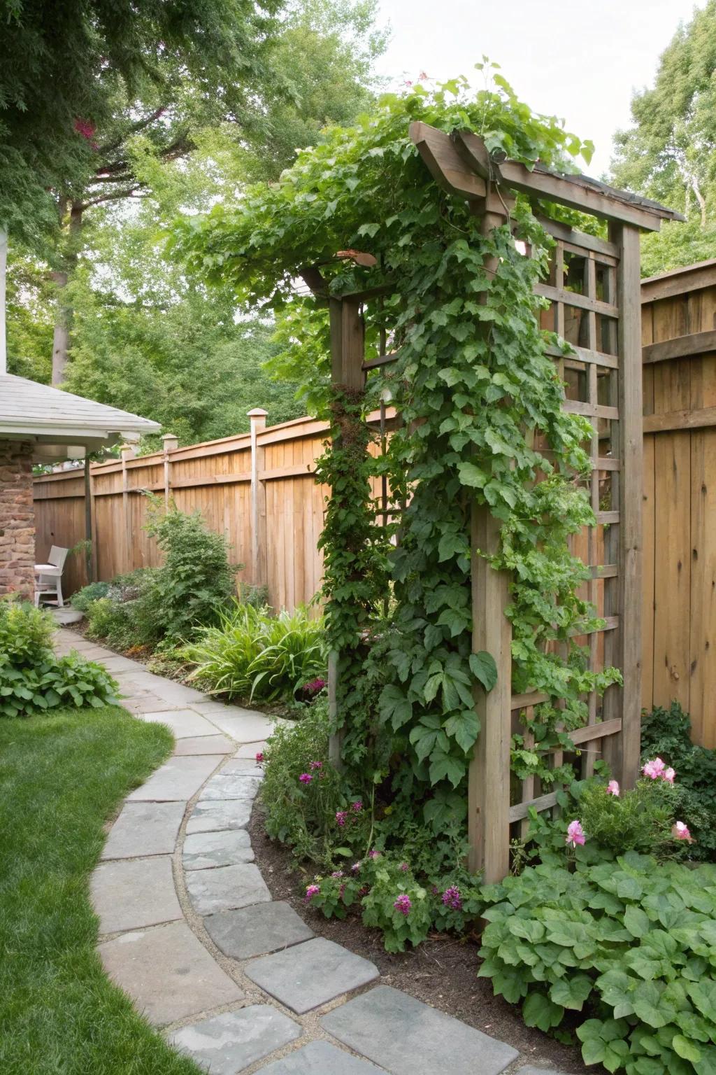 Trellises supply personal privacy and a upright green component.