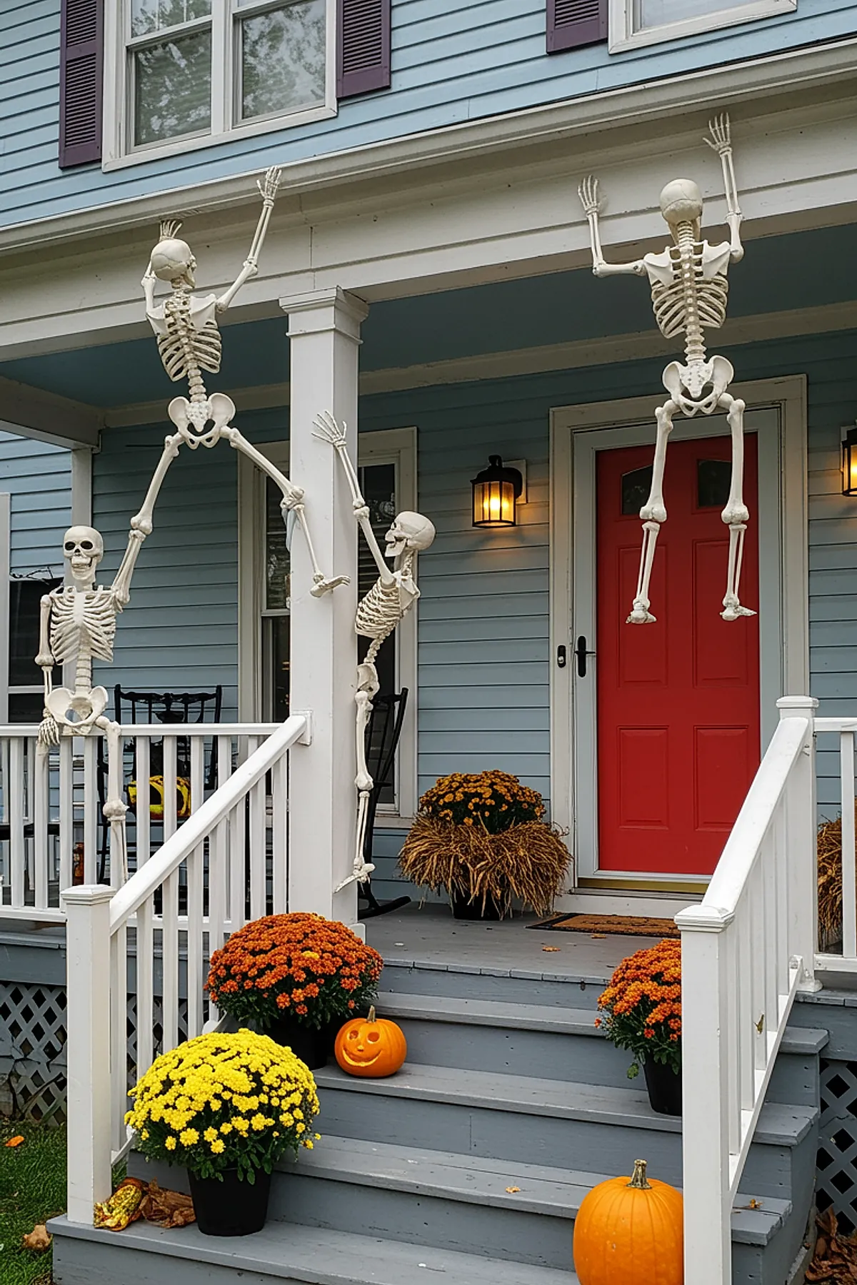 four white plastic skeletons positioned climbing and hanging from white porch columns on a blue house with red door, surrounded by orange and yellow potted chrysanthemums, traditional orange pumpkins including one carved jack-o-lantern on gray wooden porch steps