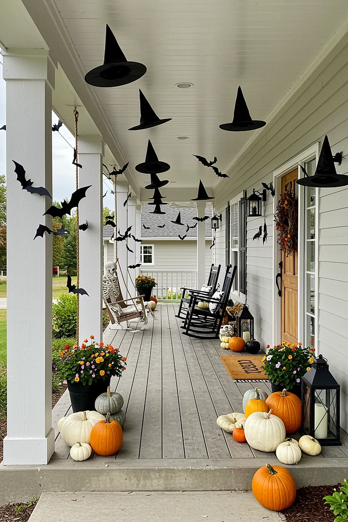 front porch decorated with hanging black witch hats from ceiling, black bats attached to white columns and walls, assorted white orange and gray pumpkins on floor near potted colorful flowers