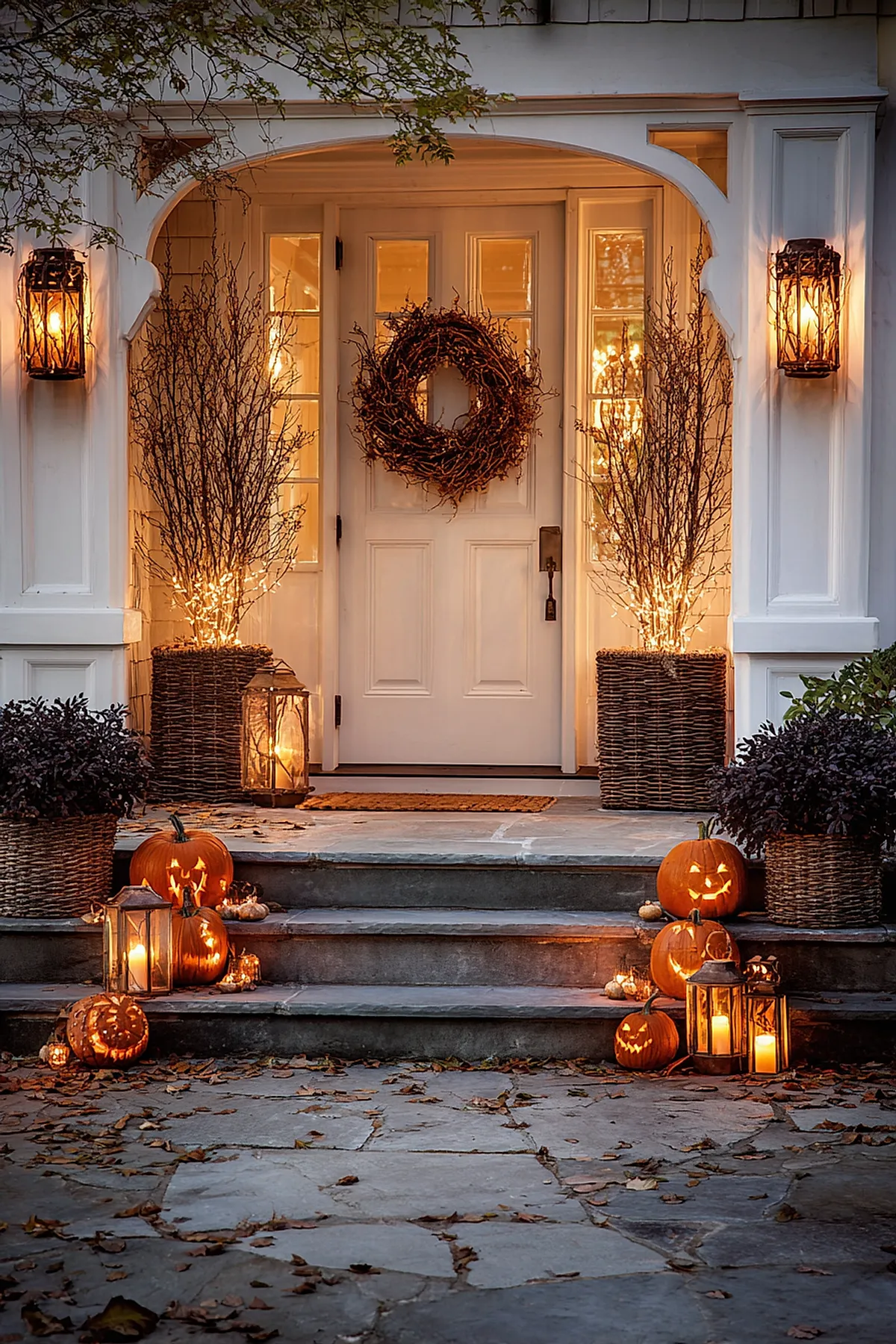 porch steps decorated with glowing jack-o-lantern pumpkins, large lanterns with candles, woven baskets holding lit bare twigs, and a rustic grapevine wreath on white door framed by warm wall sconces