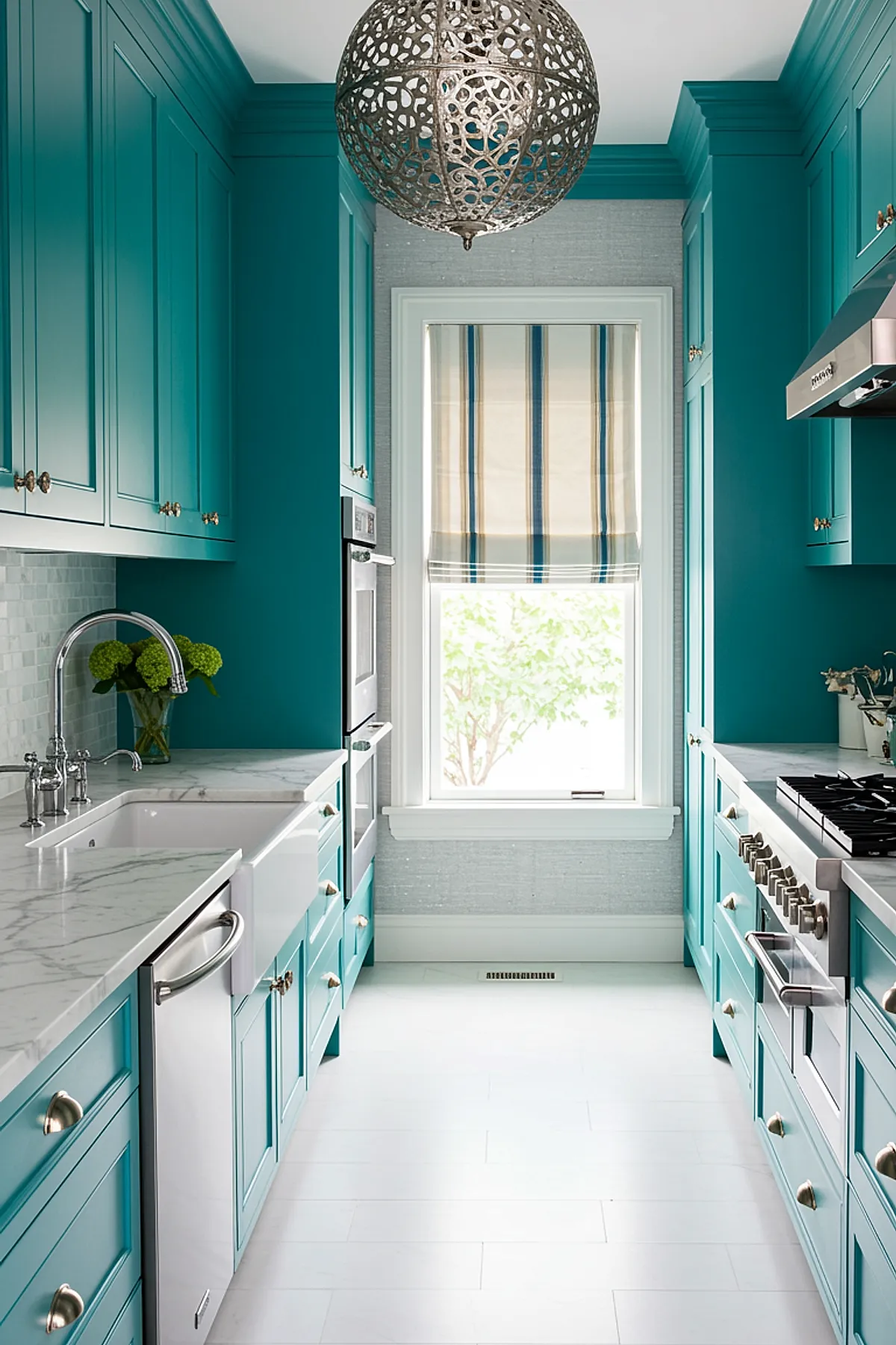 small galley kitchen with teal painted cabinets, white marble countertops and backsplash, stainless steel appliances, striped beige blue white window shade, silver faucet, decorative metal pendant light