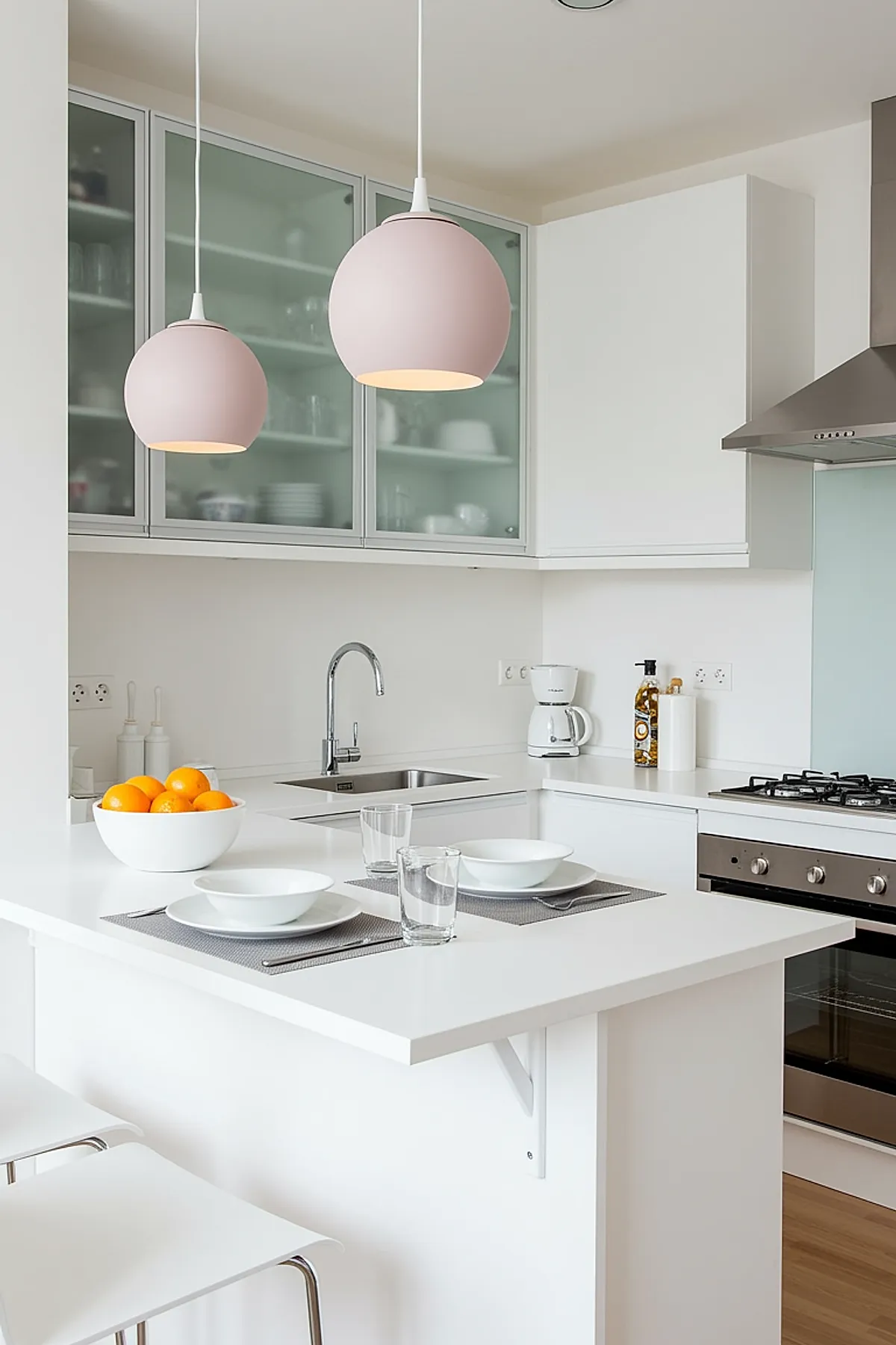 small white kitchen with glass-front upper cabinets, integrated breakfast bar with place settings, pink spherical pendant lights, stainless steel faucet, bowl of oranges on counter
