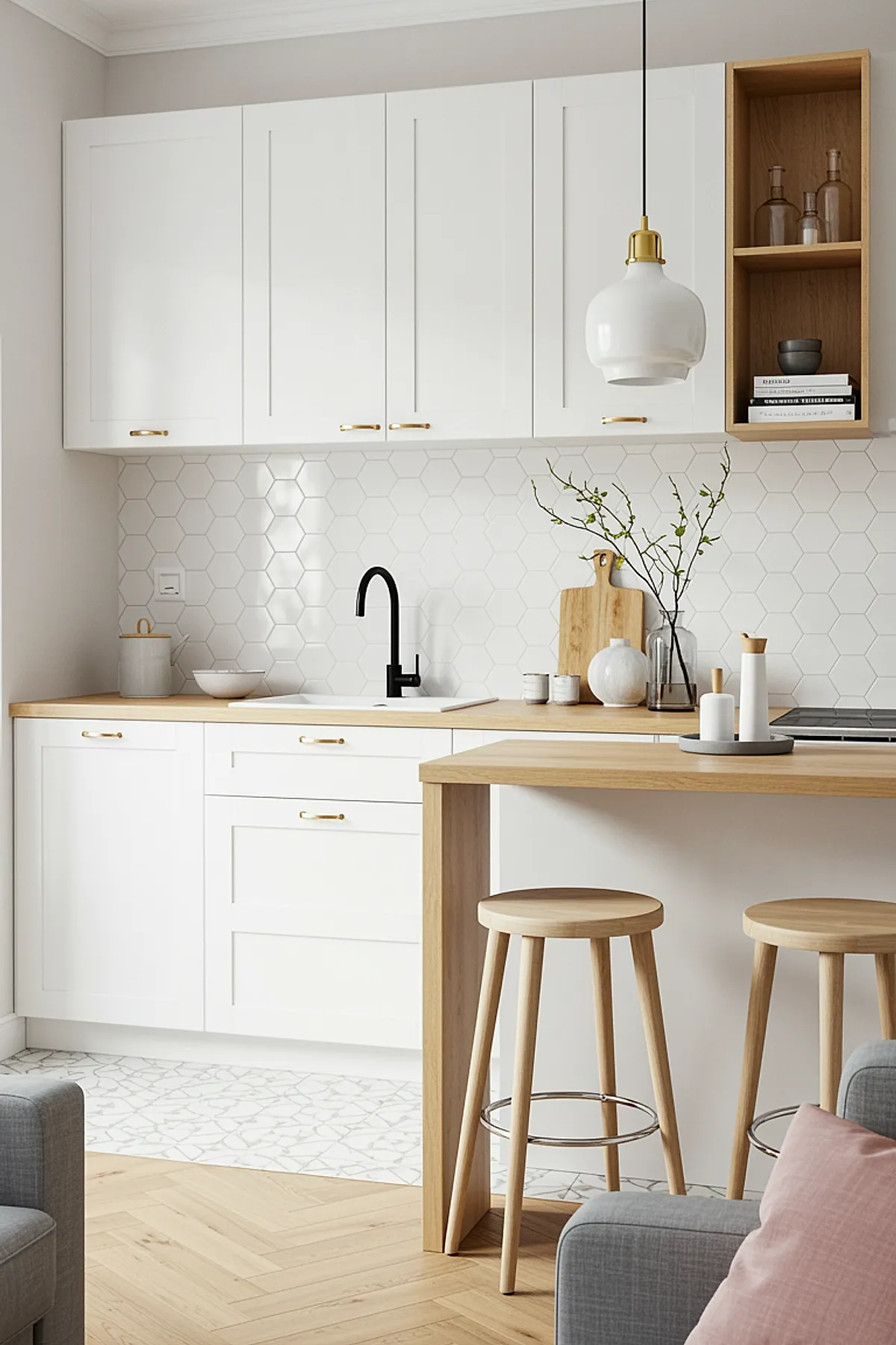 small kitchen featuring white cabinets, light wood countertops, white hexagonal tile backsplash, black faucet, pendant light, wooden stools at counter