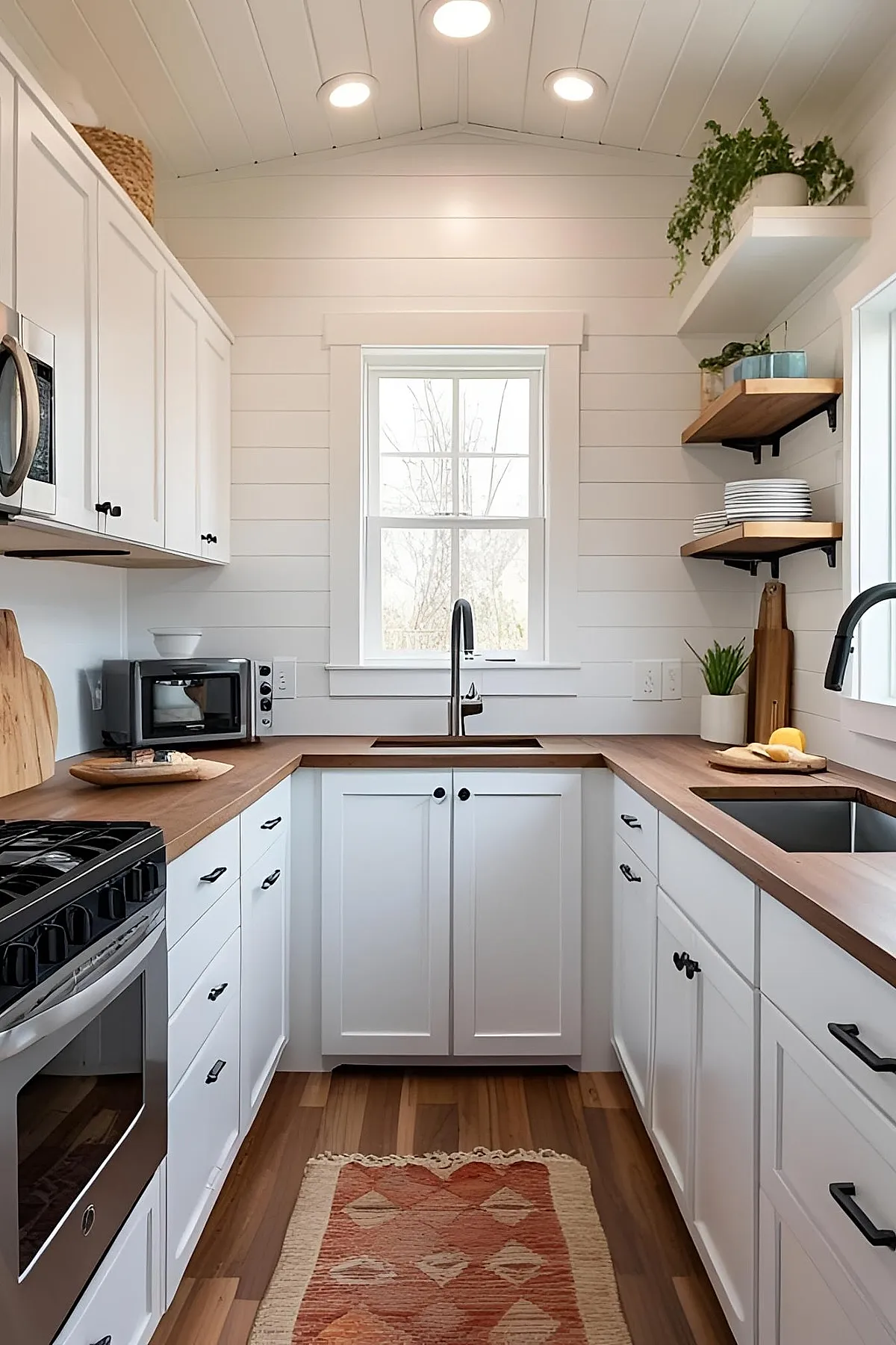 small white U-shaped kitchen with wood countertops, black hardware, open wooden shelves with dishes and plants, recessed ceiling lights, window over sink