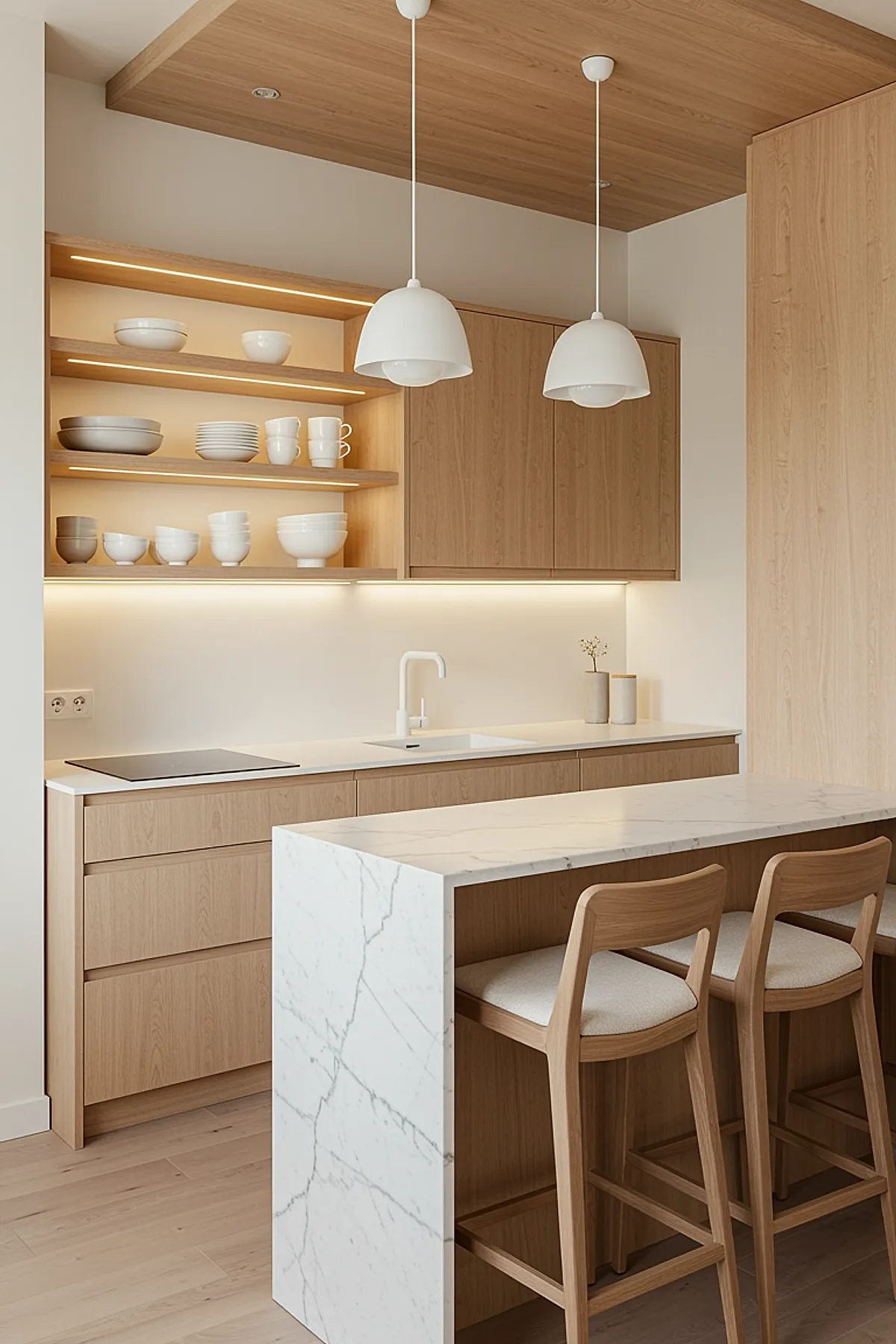 small kitchen featuring light wood cabinetry, white marble island with seating, open wooden shelves with white dishes, pendant lights hanging from wooden ceiling panel