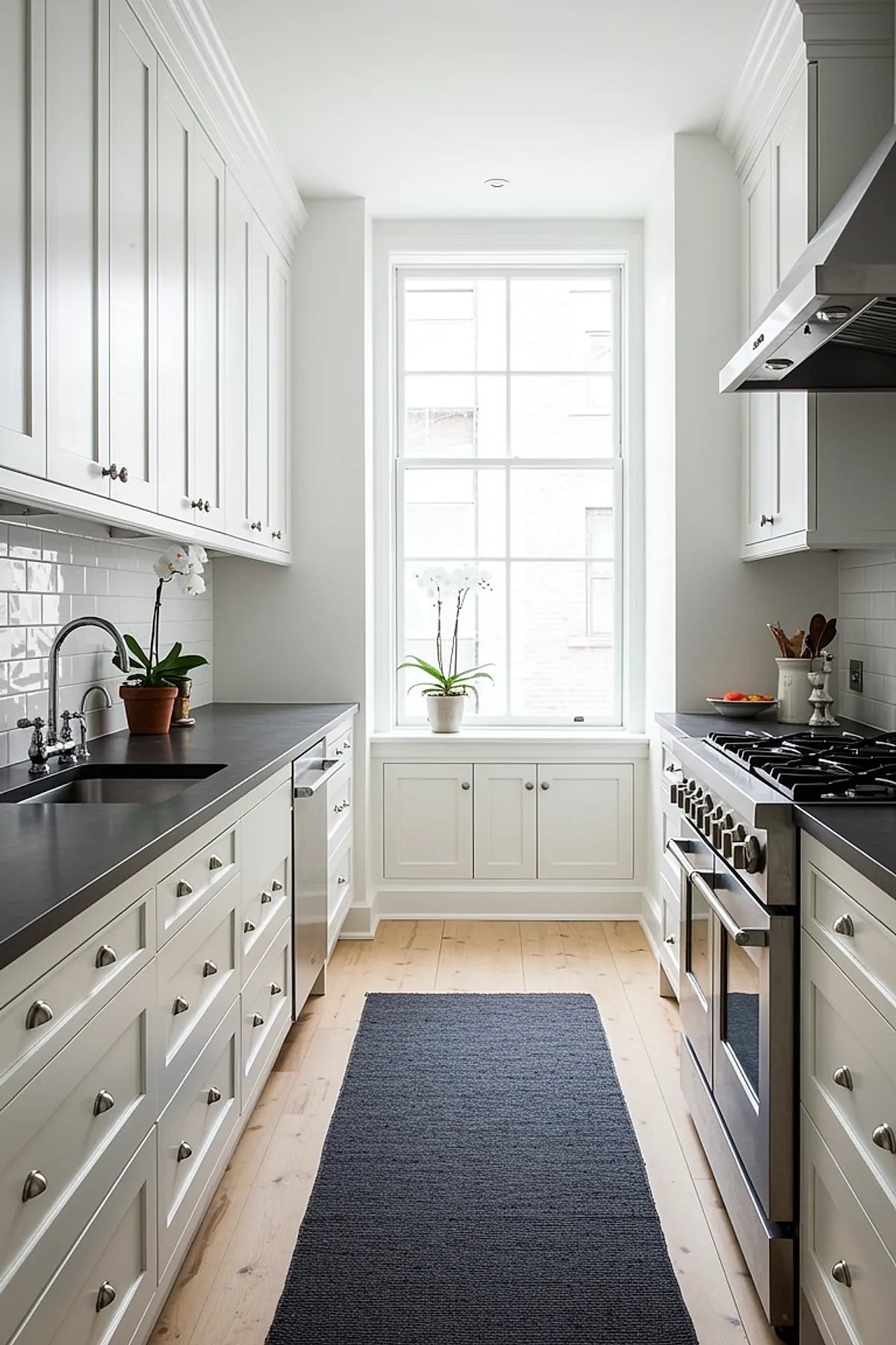 narrow galley kitchen with white cabinets, black countertops, stainless steel stove and hood, large window at end letting in natural light, potted orchids on counters