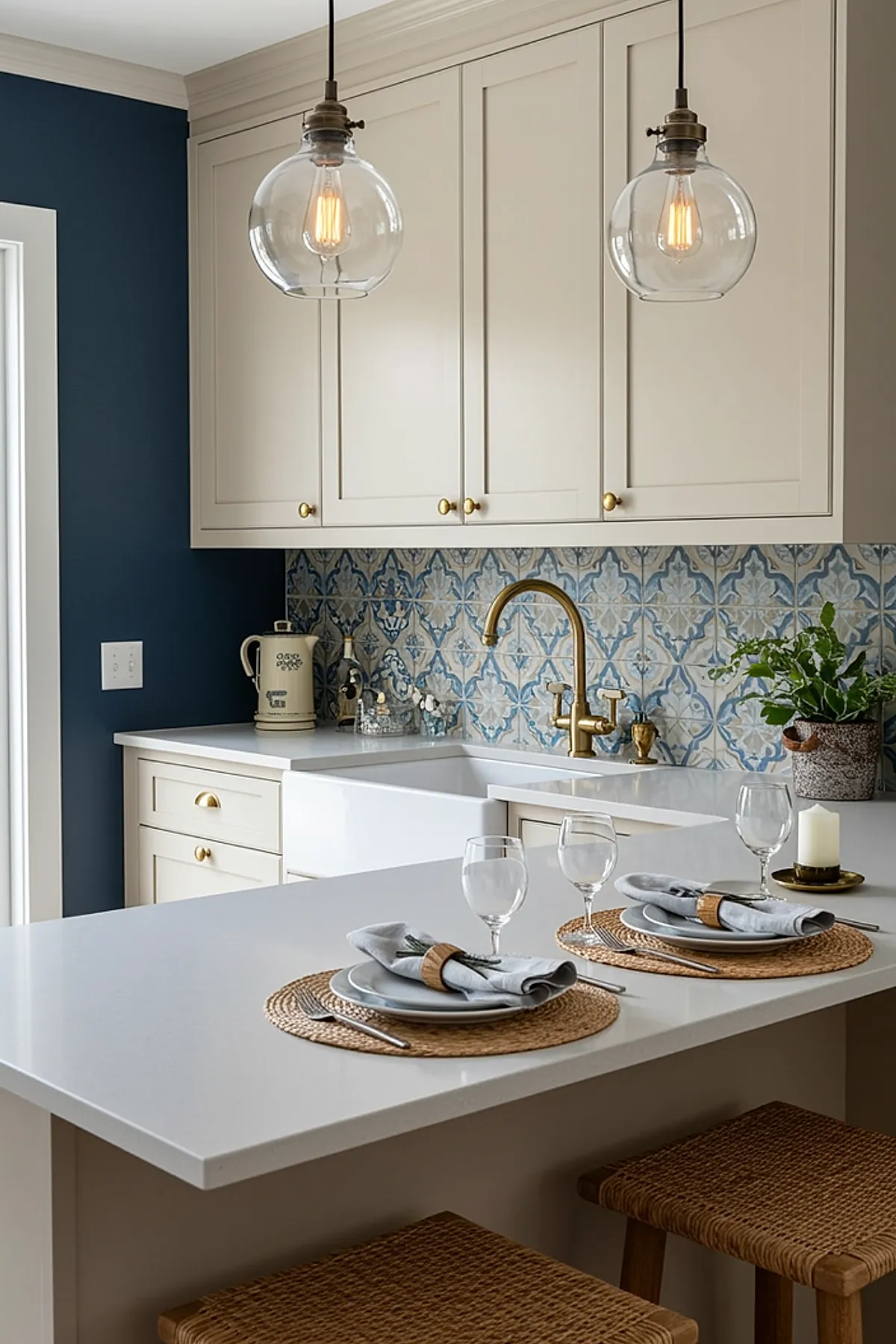 small kitchen with blue painted wall, beige cabinets with brass knobs, patterned blue and cream tile backsplash, white countertops, brass faucet, clear glass pendant lights, woven bar stools