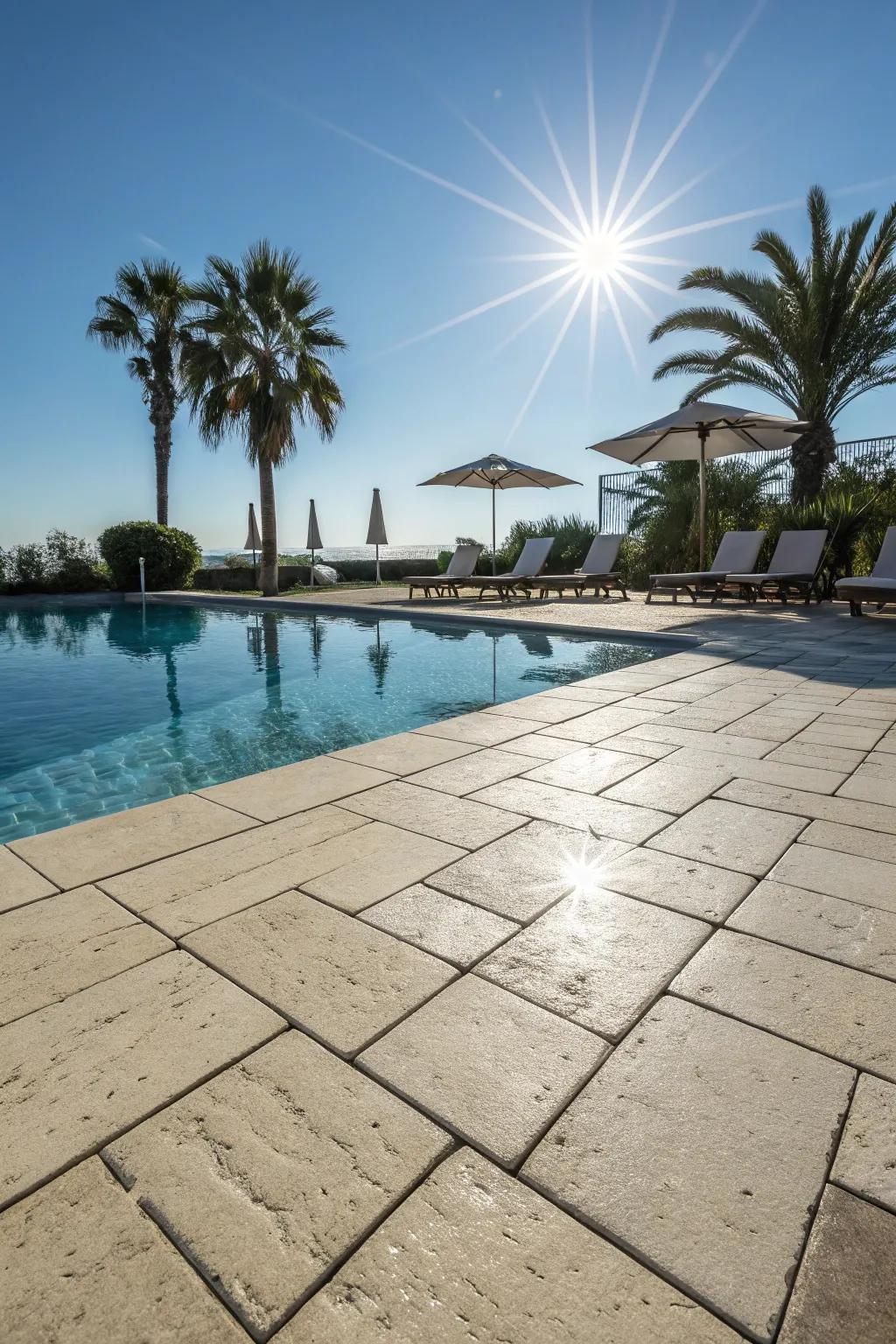 Pale-colored tiles assist in keeping the pool deck cool and comfy.