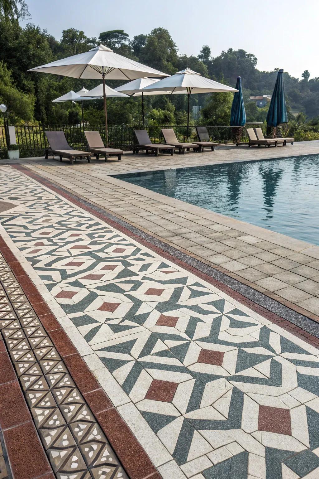 Shaped layout tiles bring a modern artistic touch to this pool deck.