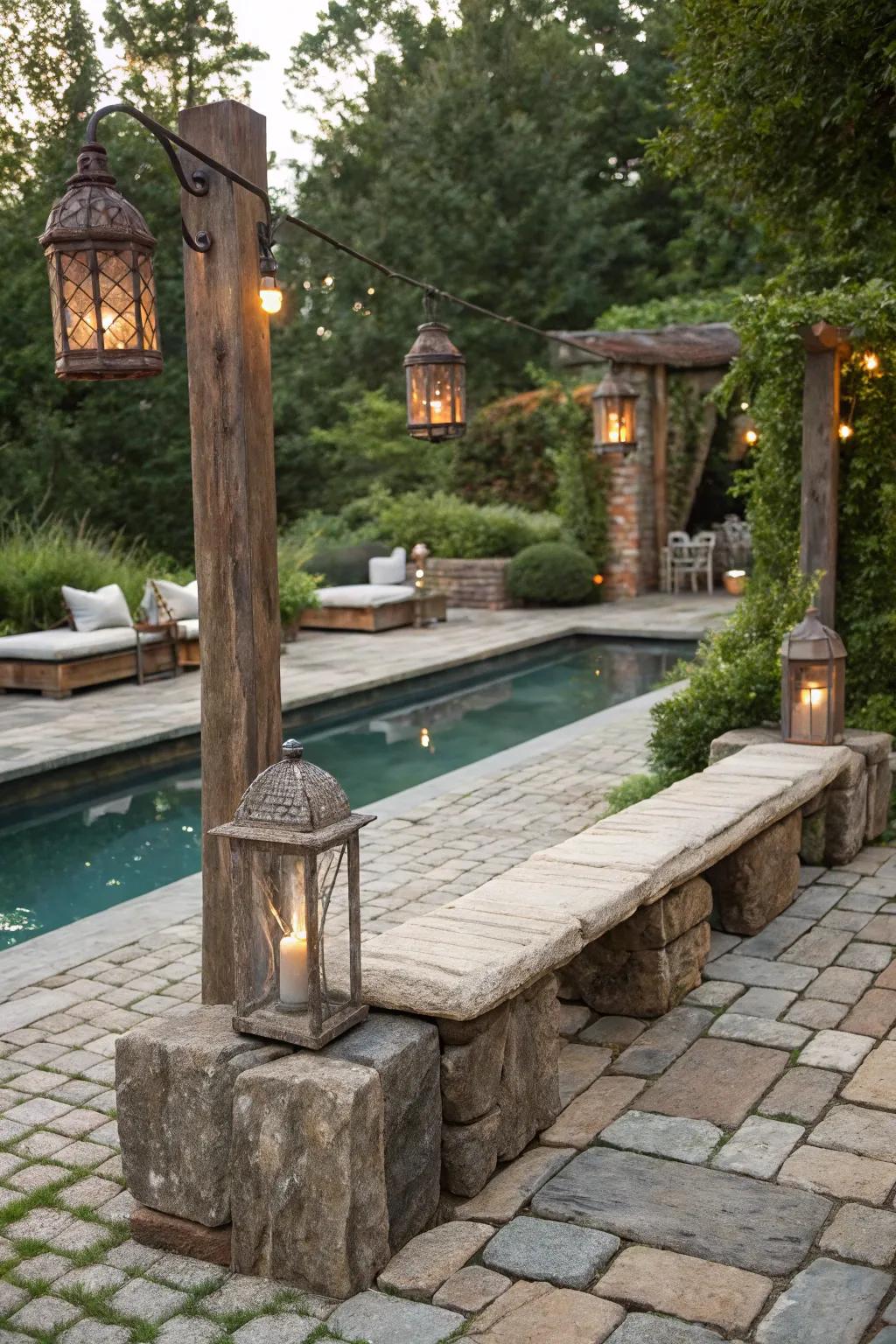 Rock tiles add a quaint, historic charm to the poolside.