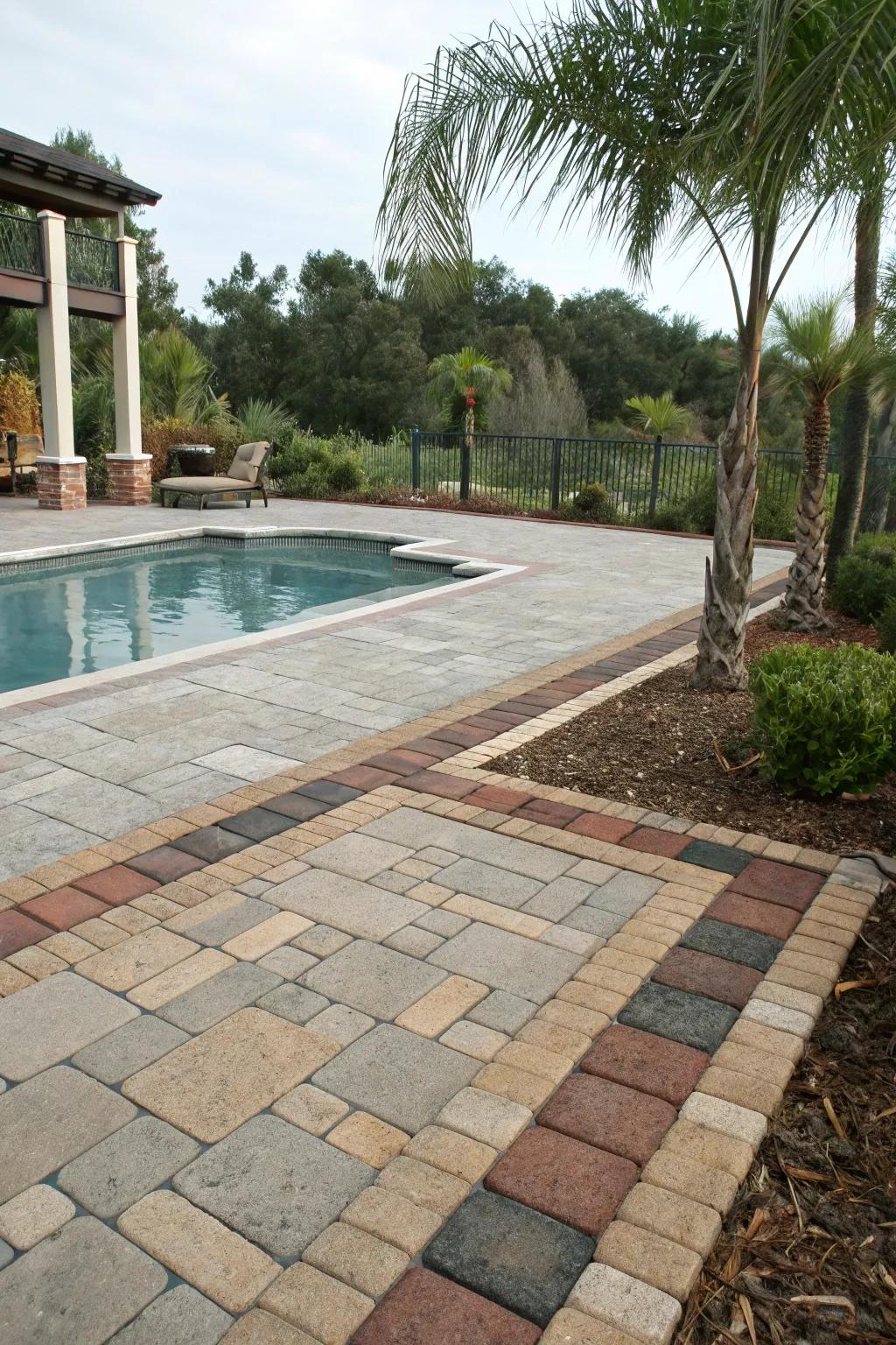 A blend of elements crafts richness and visual intrigue surrounding the pool.