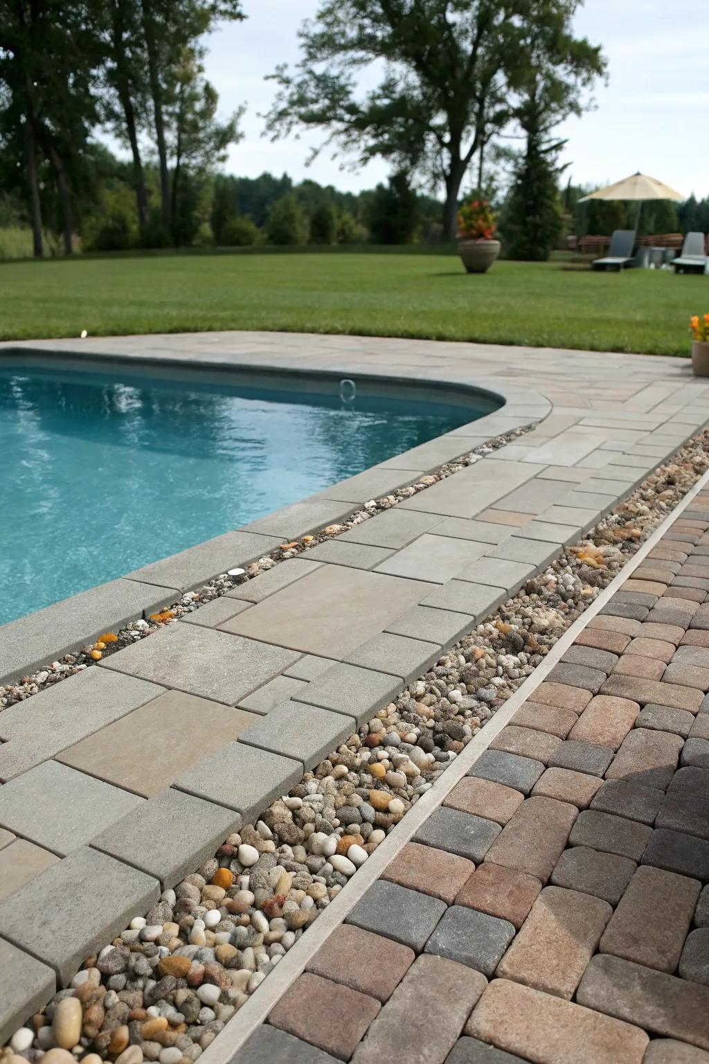 Gravel outlines introduce texture and contrast to the tile design.