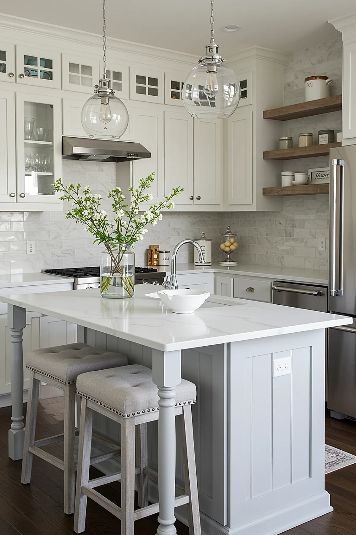 small kitchen featuring white cabinets with glass-front upper doors, marble countertop island with gray paneling, two upholstered stools, pendant glass globe lights, wooden floating shelves, stainless steel appliances