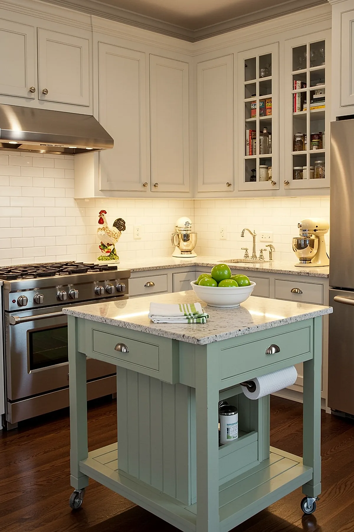 small kitchen with white upper and lower cabinets, subway tile backsplash, stainless steel stove and range hood, green rolling island with granite countertop holding bowl of green apples, wooden floor