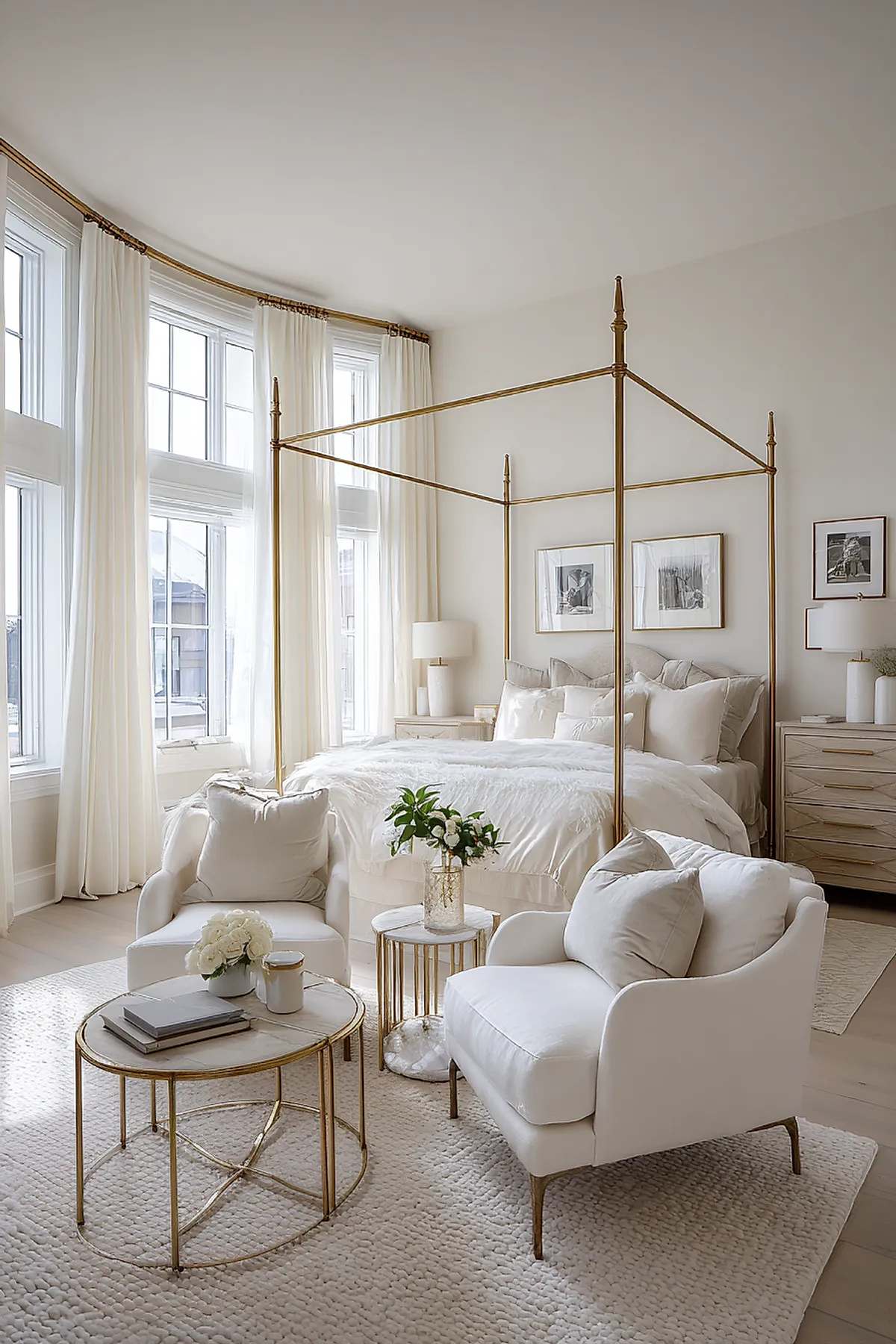 Bedroom featuring tall windows with sheer white curtains, brass metal canopy bed with beige bedding, two white upholstered armchairs with cushions, round marble-topped side tables with gold bases, light textured rug, wooden nightstands with lamps and framed black and white photos on wall.