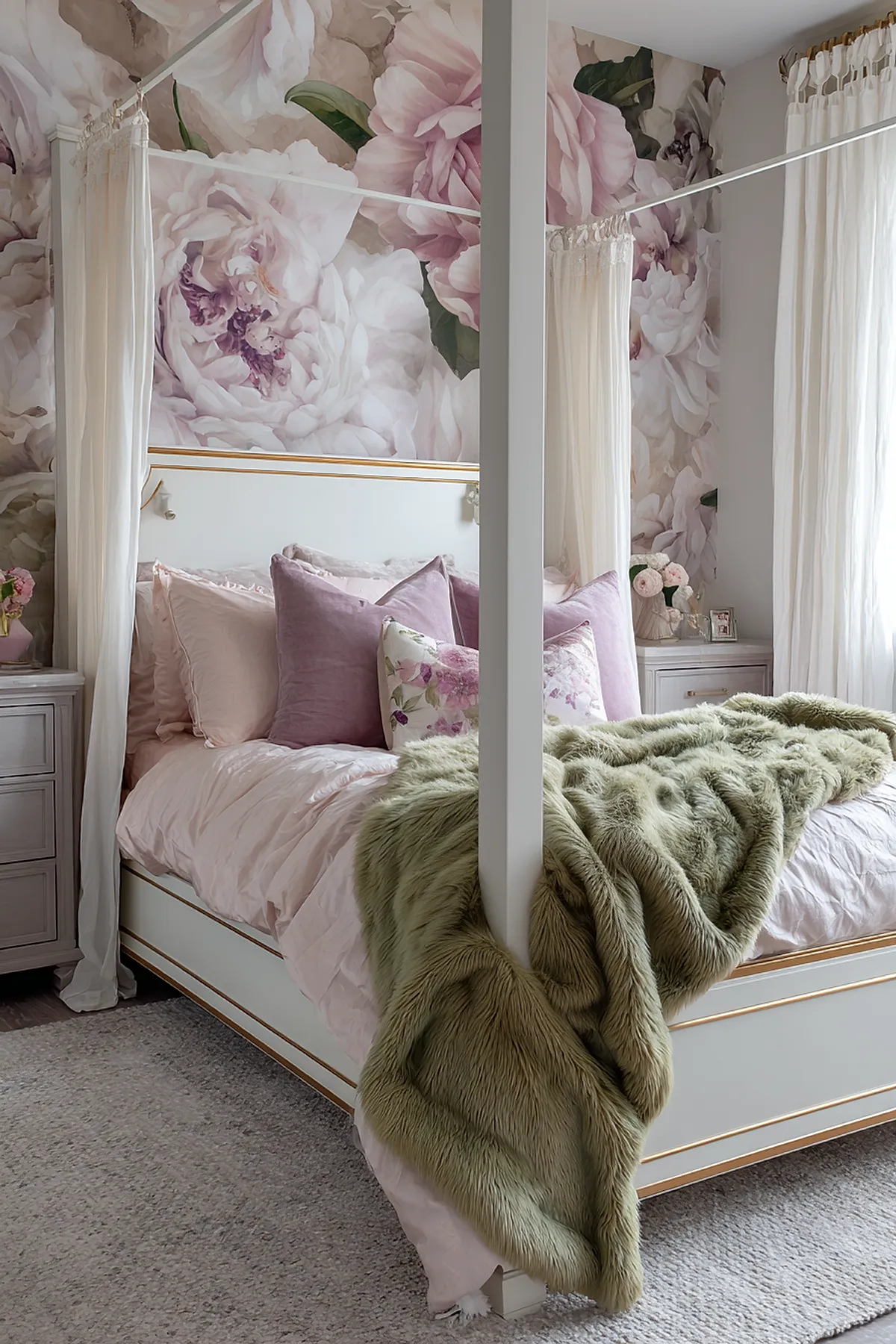 White canopy bed with sheer curtains, floral wallpaper featuring large pink and cream flowers, soft pink bedding layered with mauve velvet pillows and floral accent pillow, olive green faux fur throw on bed.