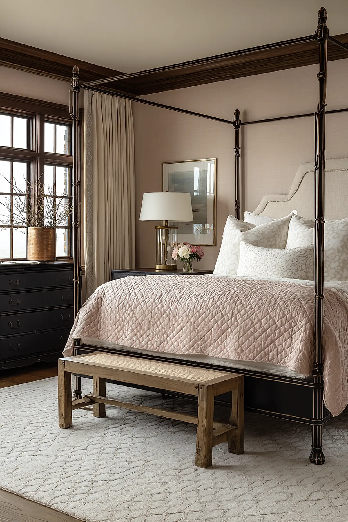 Bedroom featuring a dark metal four-poster canopy bed with a pale pink quilted blanket, cream patterned pillows, wooden framed window, beige curtains, rustic wooden bench at foot of bed, light textured area rug.