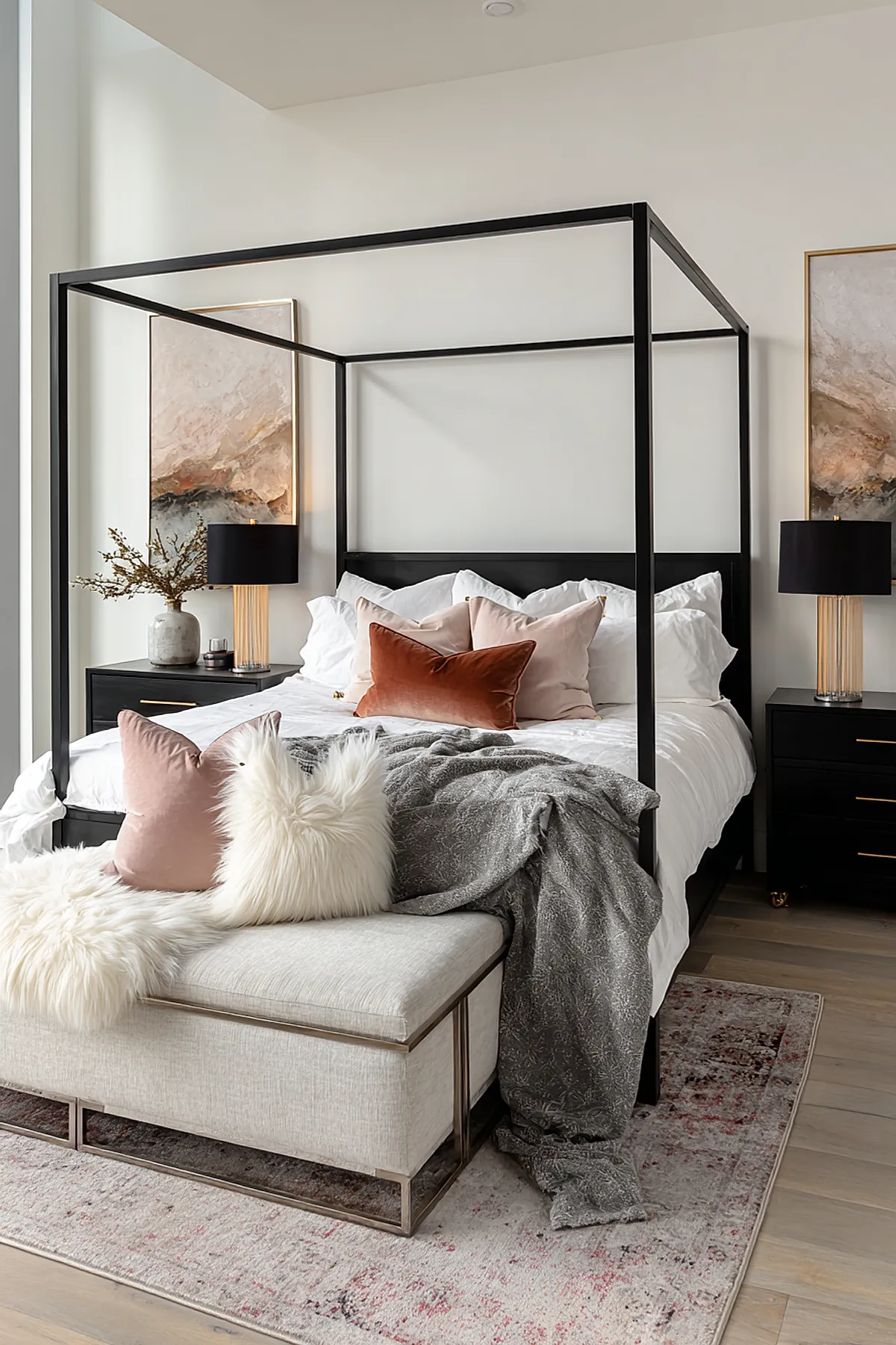 Modern bedroom featuring black metal canopy bed with white bedding, soft pink and white velvet pillows, gray throw blanket, light upholstered bench with fluffy white pillow, two black nightstands with lamps and neutral wall art.