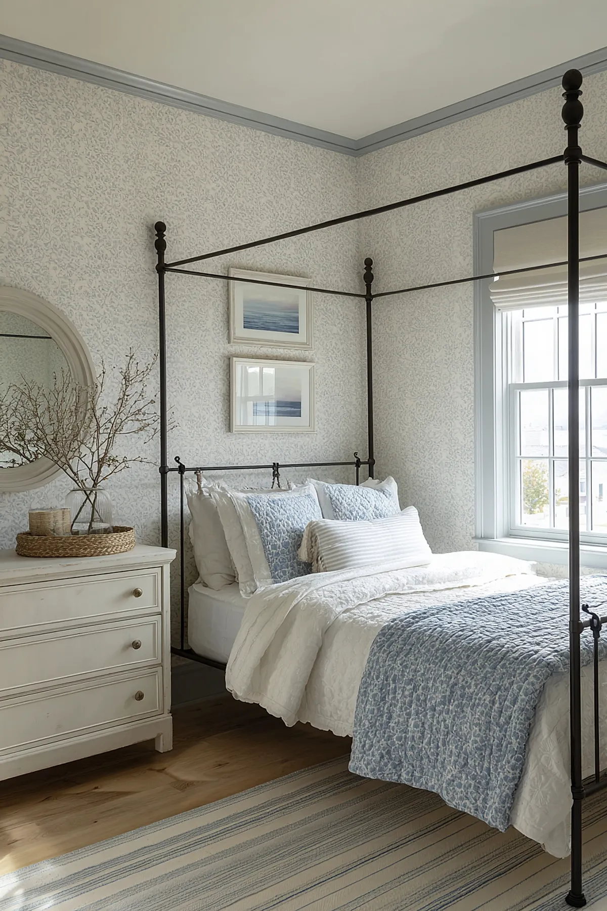 Bedroom featuring black iron canopy bed with white bedding layered with blue quilts and pillows, light floral wallpaper, two framed seascape prints above bed, cream dresser with round mirror and woven tray holding branches.