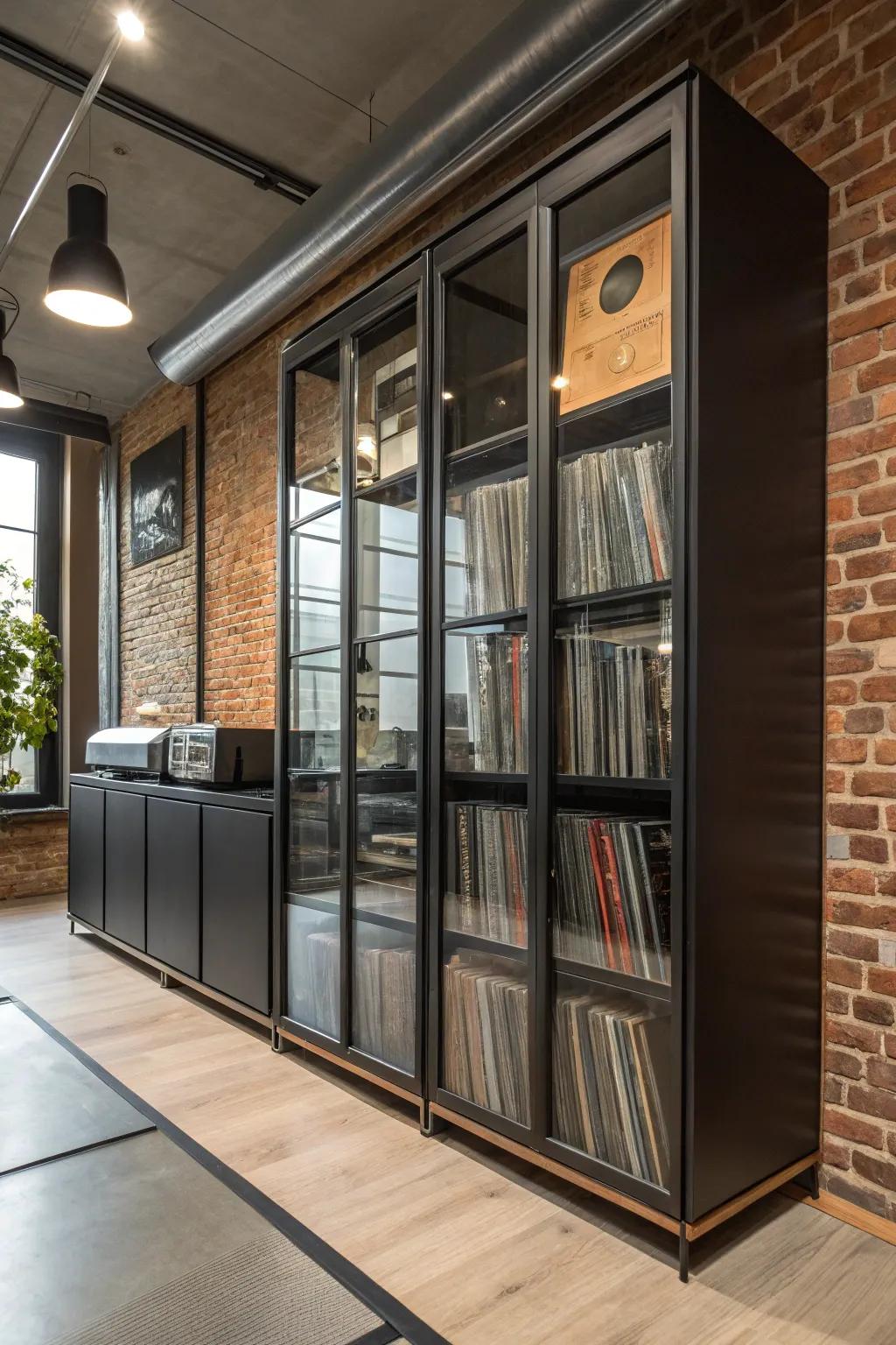 An industrial-themed storage unit adding a modern flair to the room.