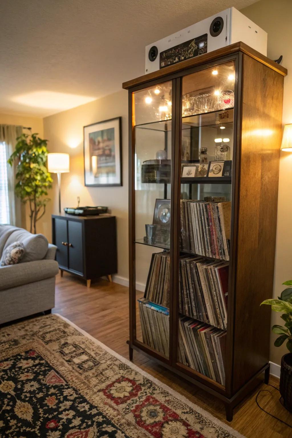 A glass cabinet displaying vinyl records while keeping them dust-free.