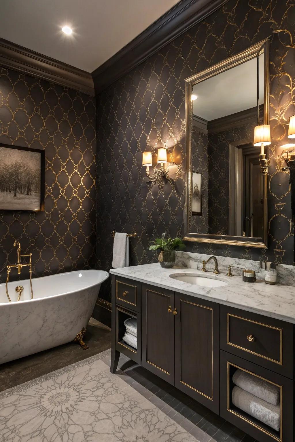 A moody wallpaper turns the restroom into a luxurious, peaceful retreat.