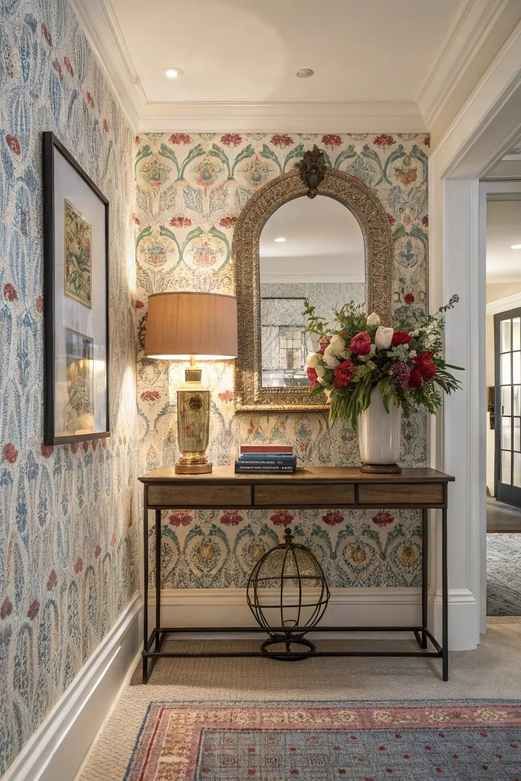 An art-inspired wallpaper creates a welcoming atmosphere in a stylish entryway.